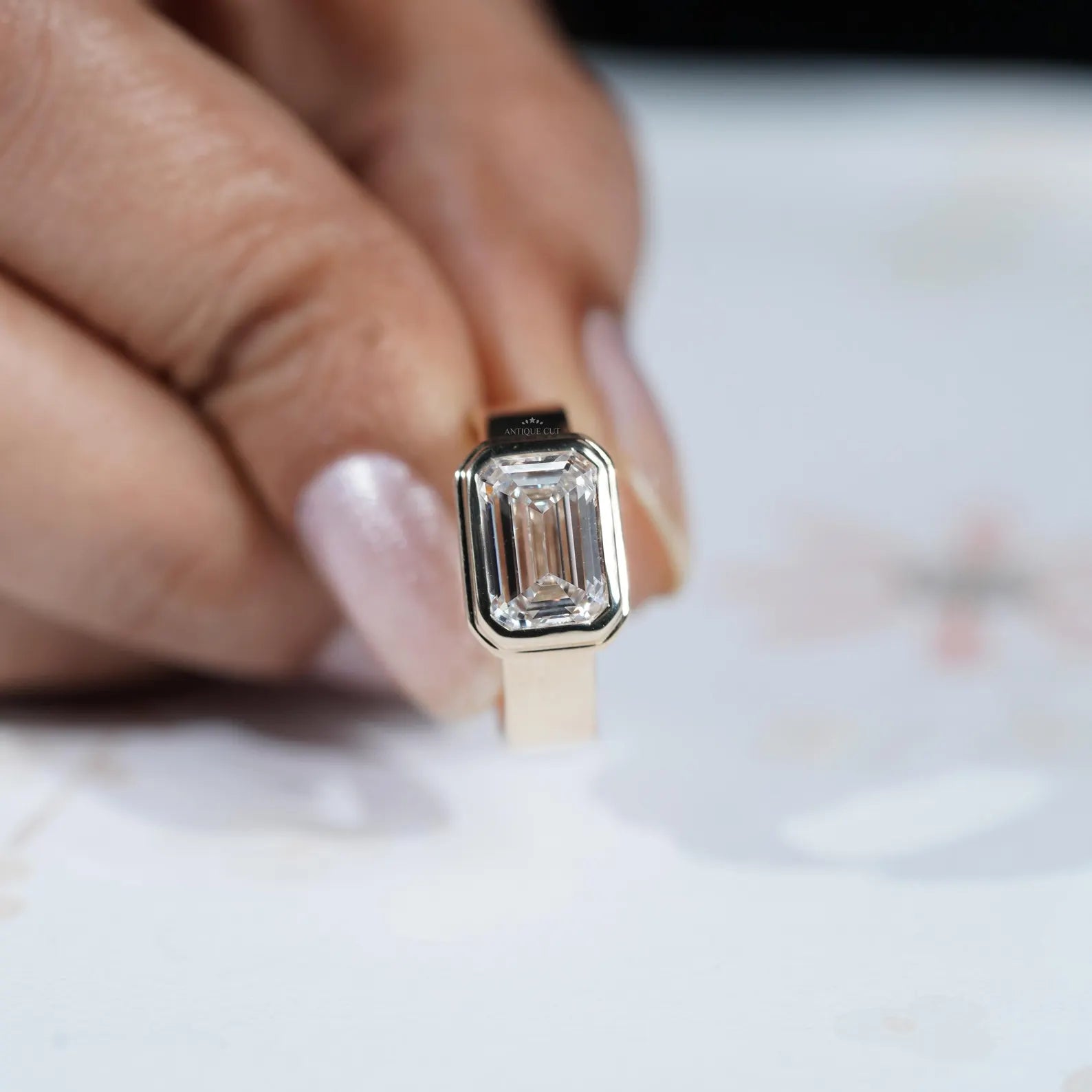 3.00ct Emerald Cut Bezel Set Engagement Ring • Modern Gold Solitaire • Wide Band Emerald Diamond Ring