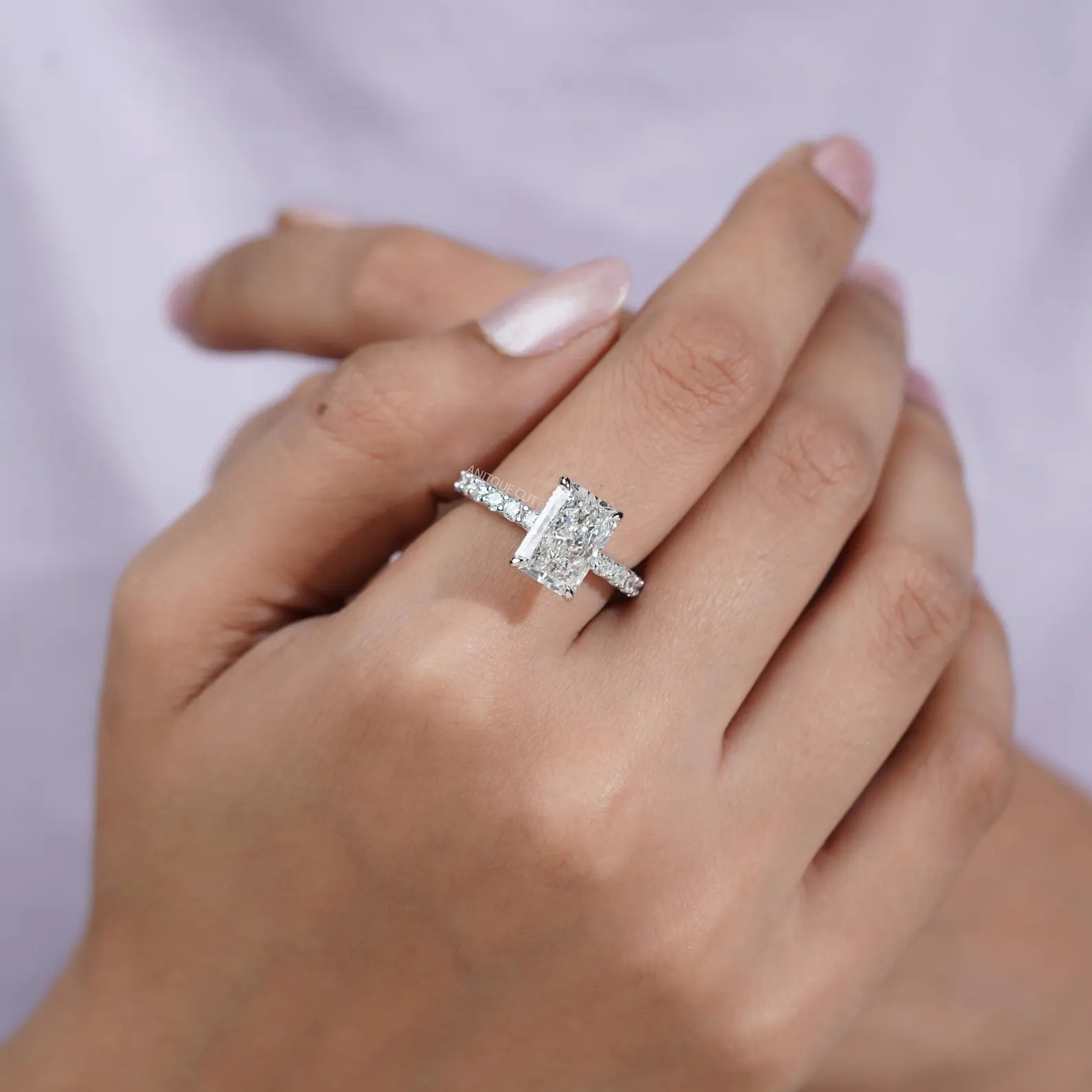 5.00TCW  Radiant Cut Diamond Engagement Ring, Hidden Halo, Side Stone Ring, DEF Color, VVS-VS Clarity, Pave Band Bridal Ring