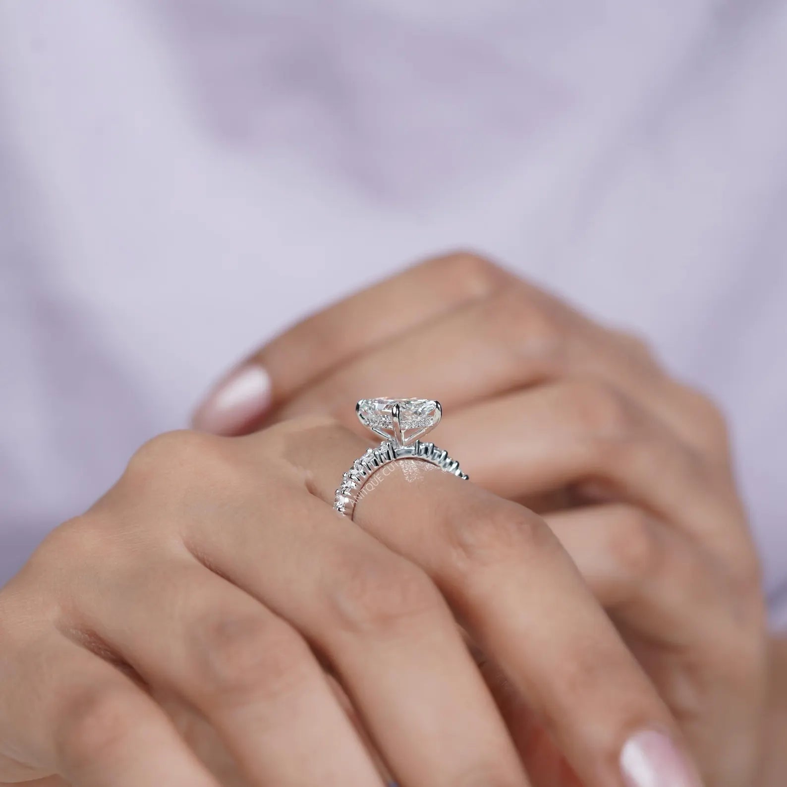 5.00TCW  Radiant Cut Diamond Engagement Ring, Hidden Halo, Side Stone Ring, DEF Color, VVS-VS Clarity, Pave Band Bridal Ring