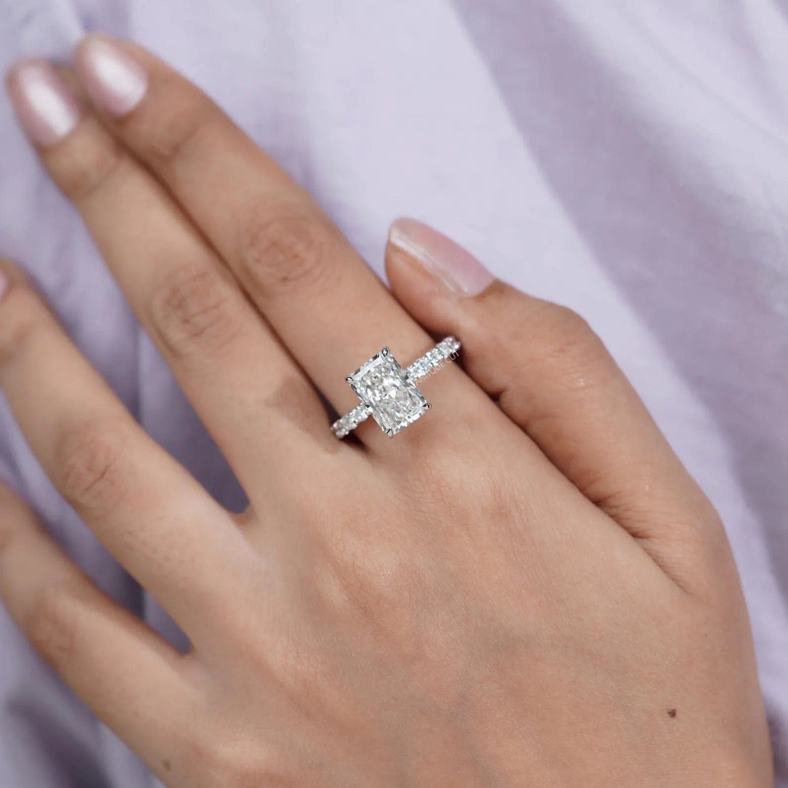 5.00TCW  Radiant Cut Diamond Engagement Ring, Hidden Halo, Side Stone Ring, DEF Color, VVS-VS Clarity, Pave Band Bridal Ring