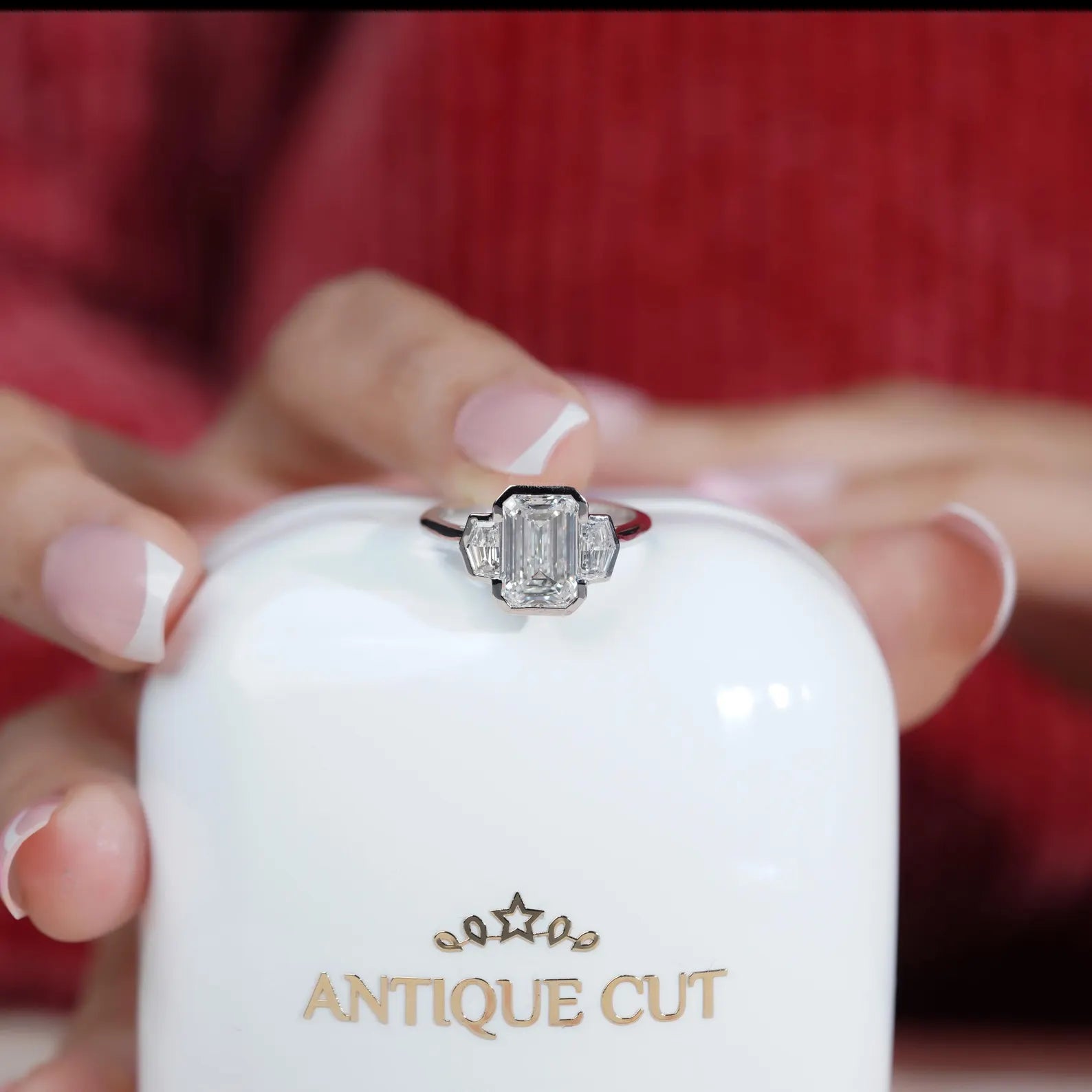 3.60TCW Emerald Cut Three-Stone Engagement Ring | 3ct Emerald Center Diamond | Cadillac Side Stones | Lab Grown | DEF Color | VVS–VS Clarity