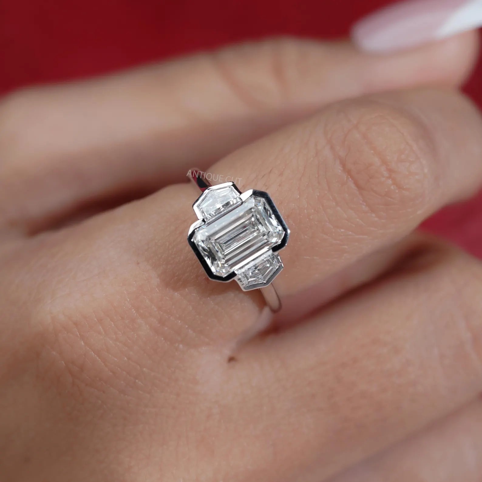 3.60TCW Emerald Cut Three-Stone Engagement Ring | 3ct Emerald Center Diamond | Cadillac Side Stones | Lab Grown | DEF Color | VVS–VS Clarity