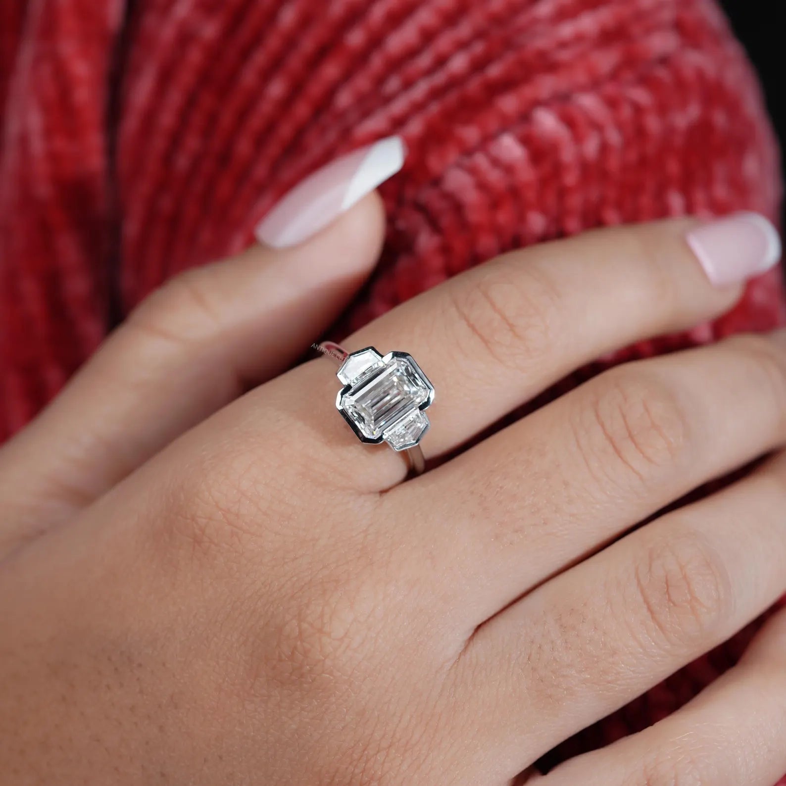 3.60TCW Emerald Cut Three-Stone Engagement Ring | 3ct Emerald Center Diamond | Cadillac Side Stones | Lab Grown | DEF Color | VVS–VS Clarity