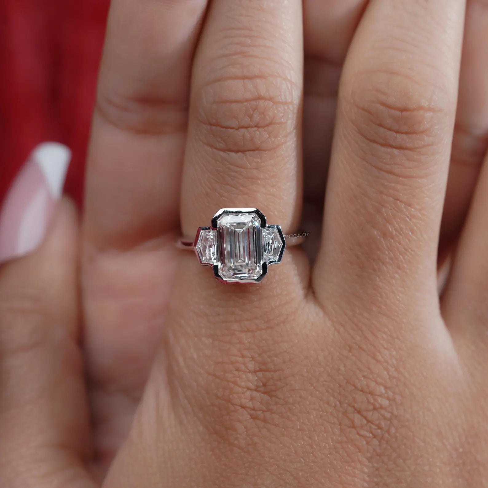 3.60TCW Emerald Cut Three-Stone Engagement Ring | 3ct Emerald Center Diamond | Cadillac Side Stones | Lab Grown | DEF Color | VVS–VS Clarity