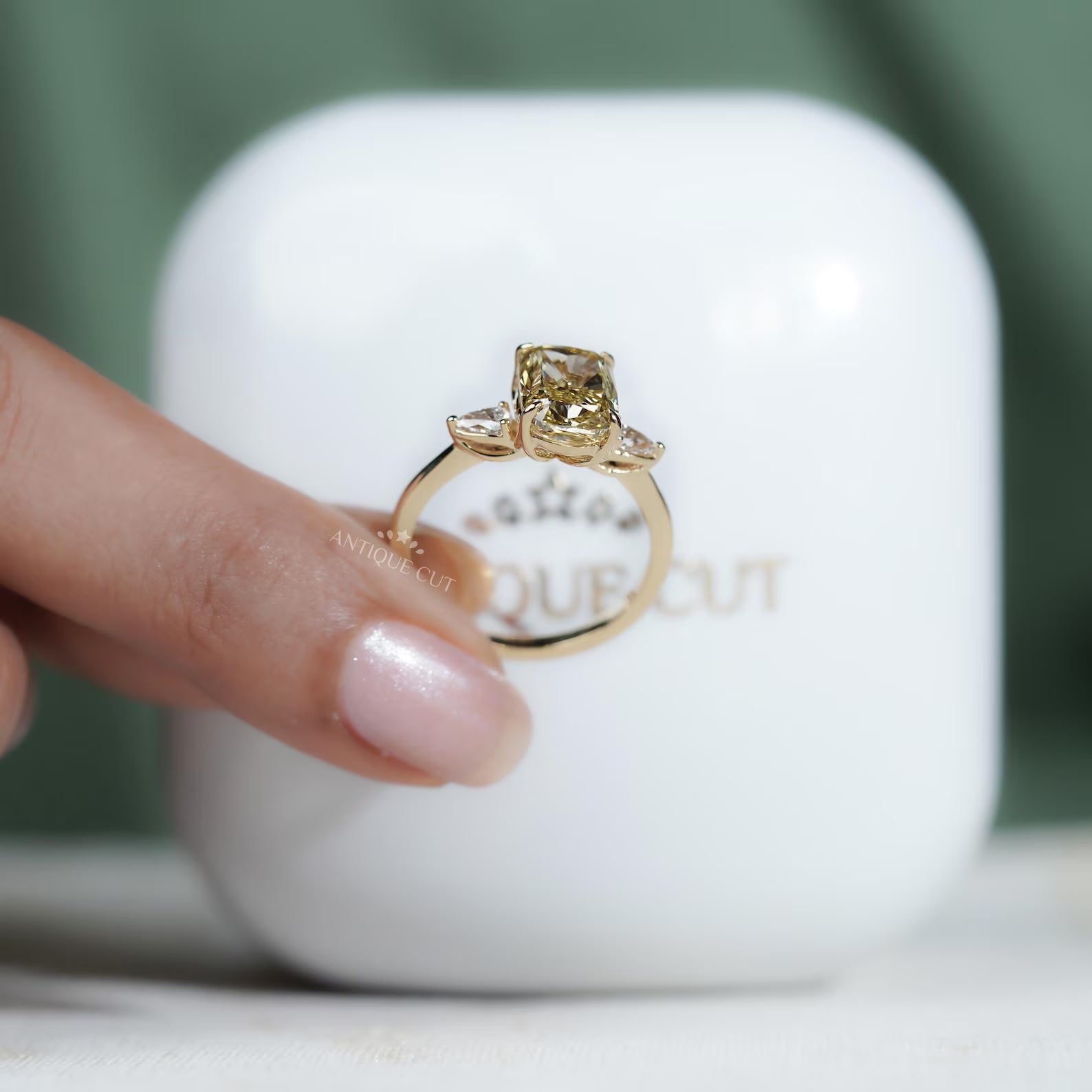 Fancy Yellow Cushion Diamond Ring With Three Stone Engagement Ring | IGI Certified