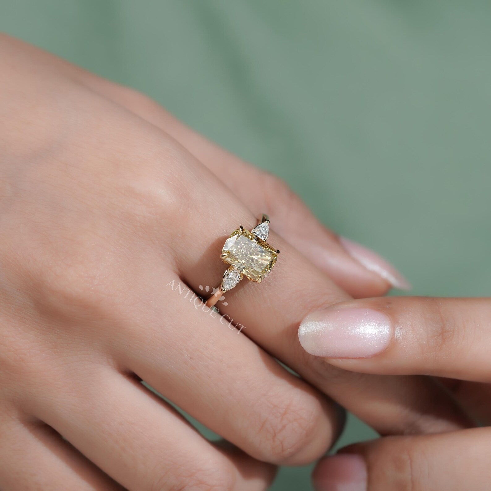 Fancy Yellow Cushion Diamond Ring With Three Stone Engagement Ring | IGI Certified