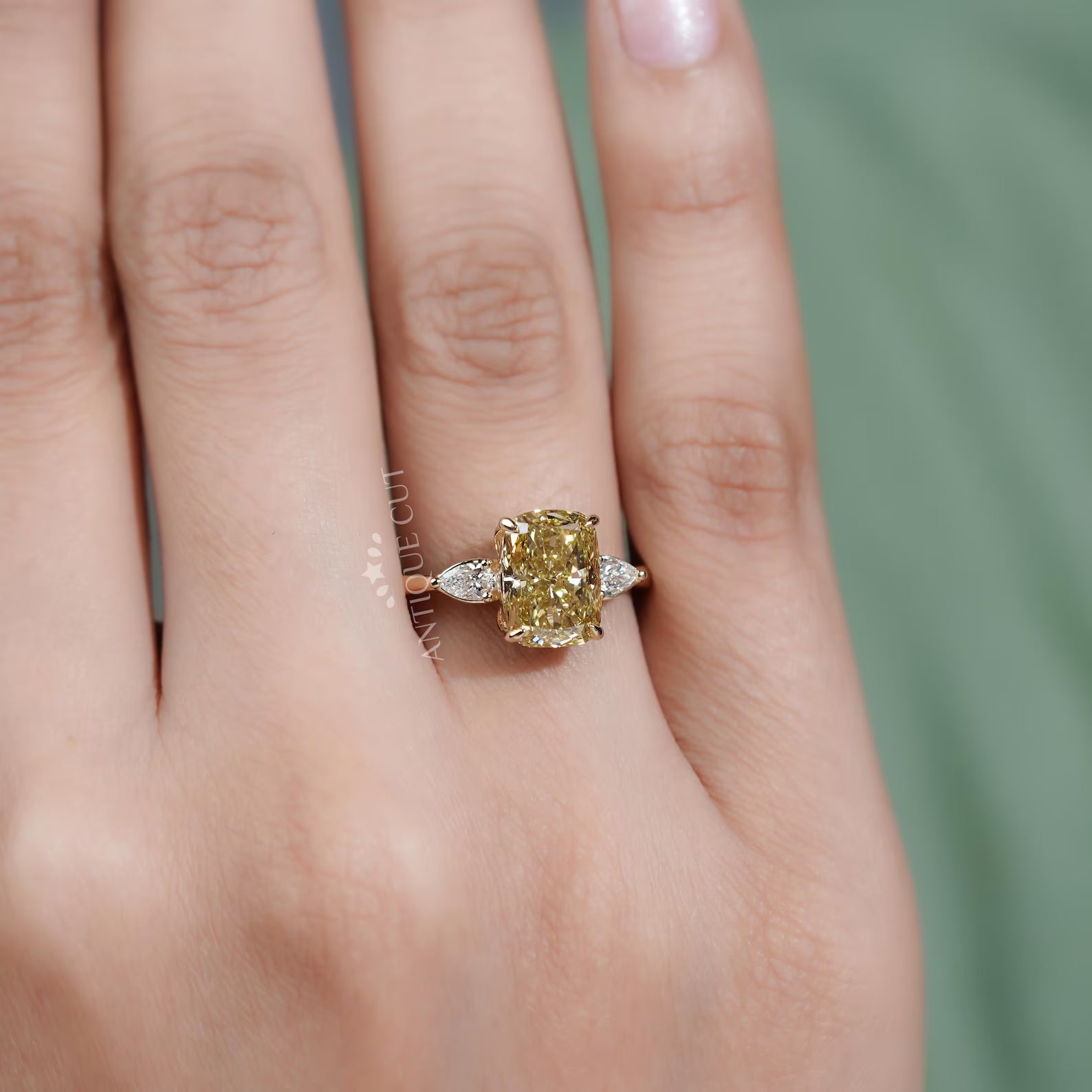 Fancy Yellow Cushion Diamond Ring With Three Stone Engagement Ring | IGI Certified