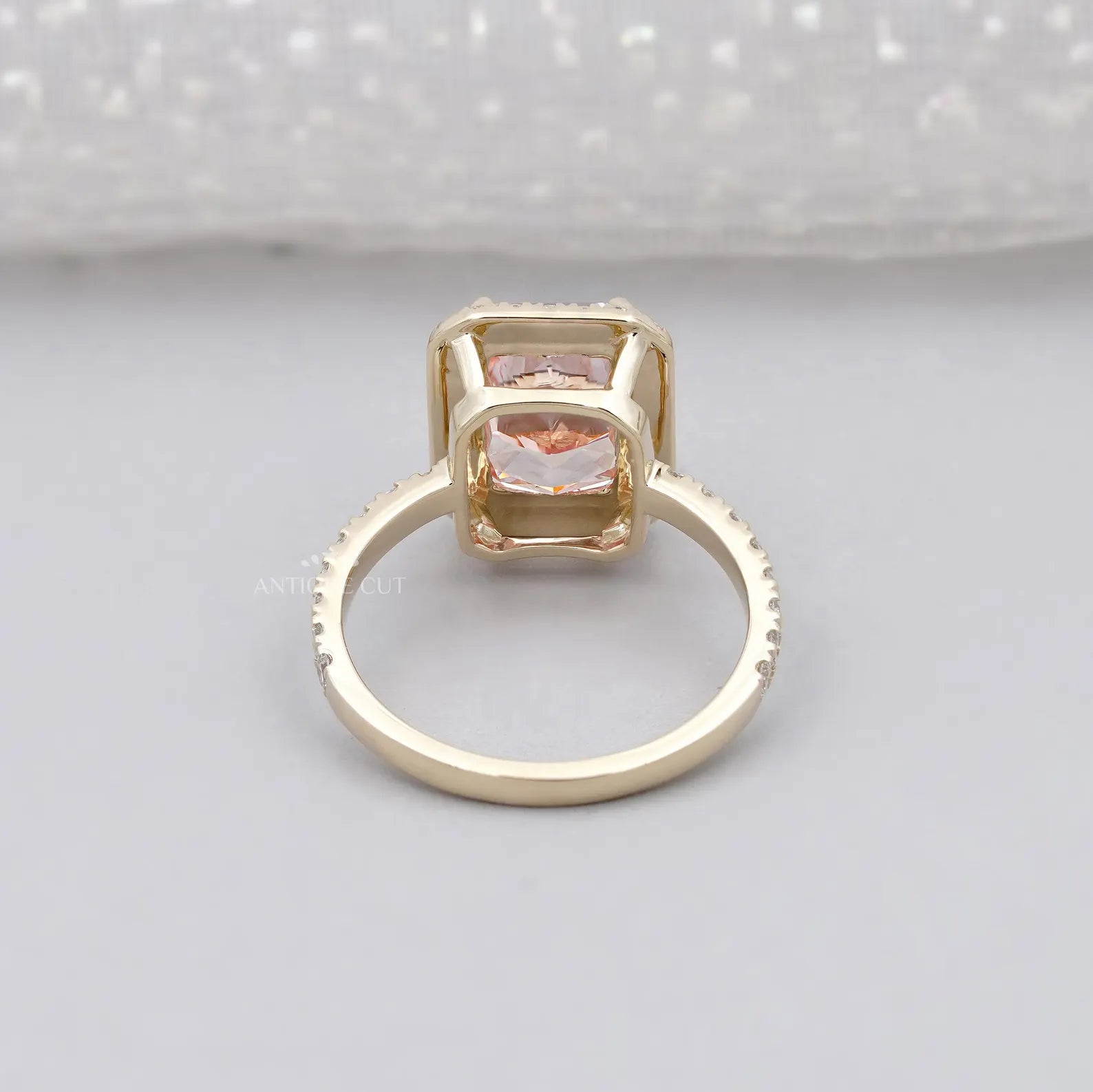 Fancy Pink Radiant Cut Diamond Ring With Halo Setting And Pave Band | IGI Certified