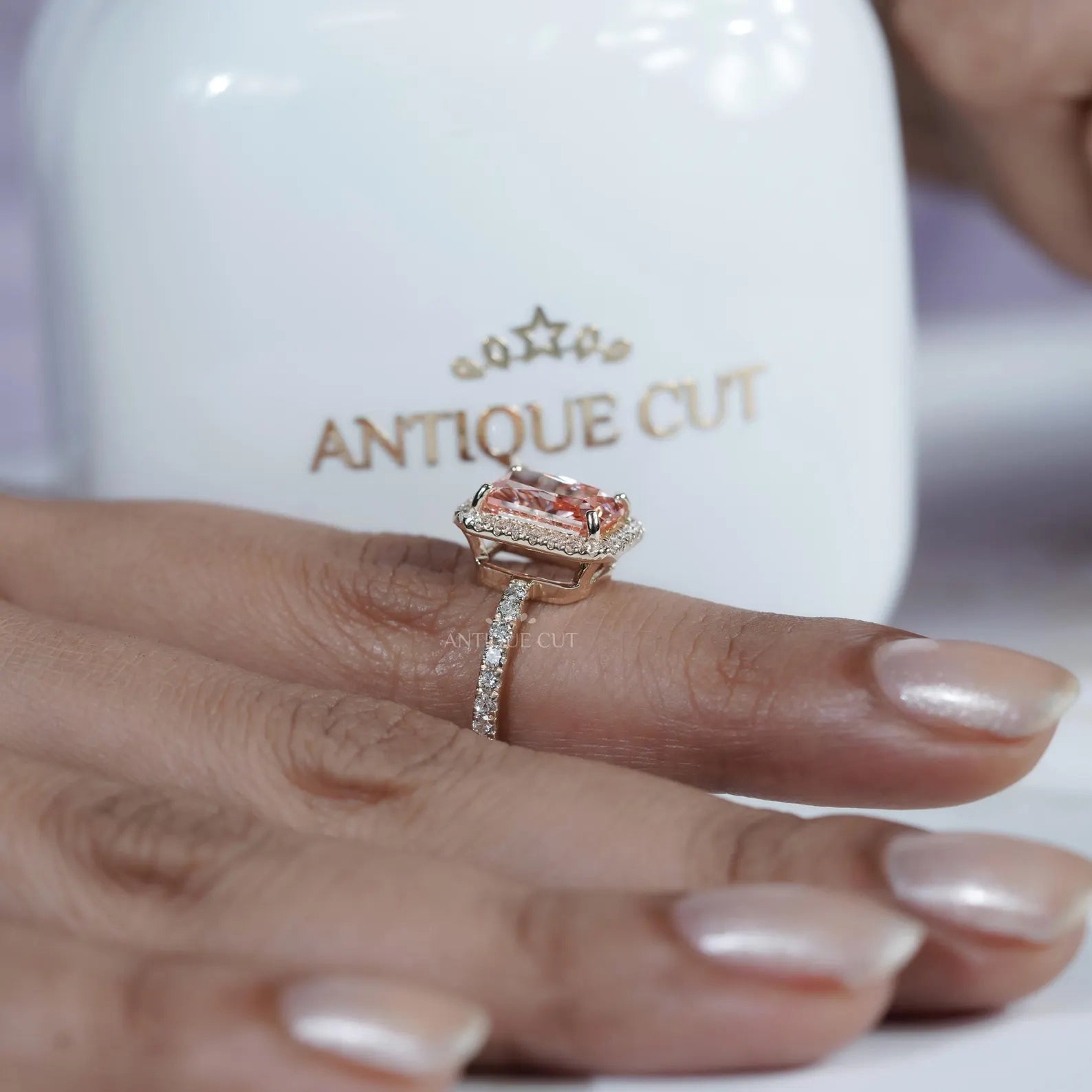 Fancy Pink Radiant Cut Diamond Ring With Halo Setting And Pave Band | IGI Certified
