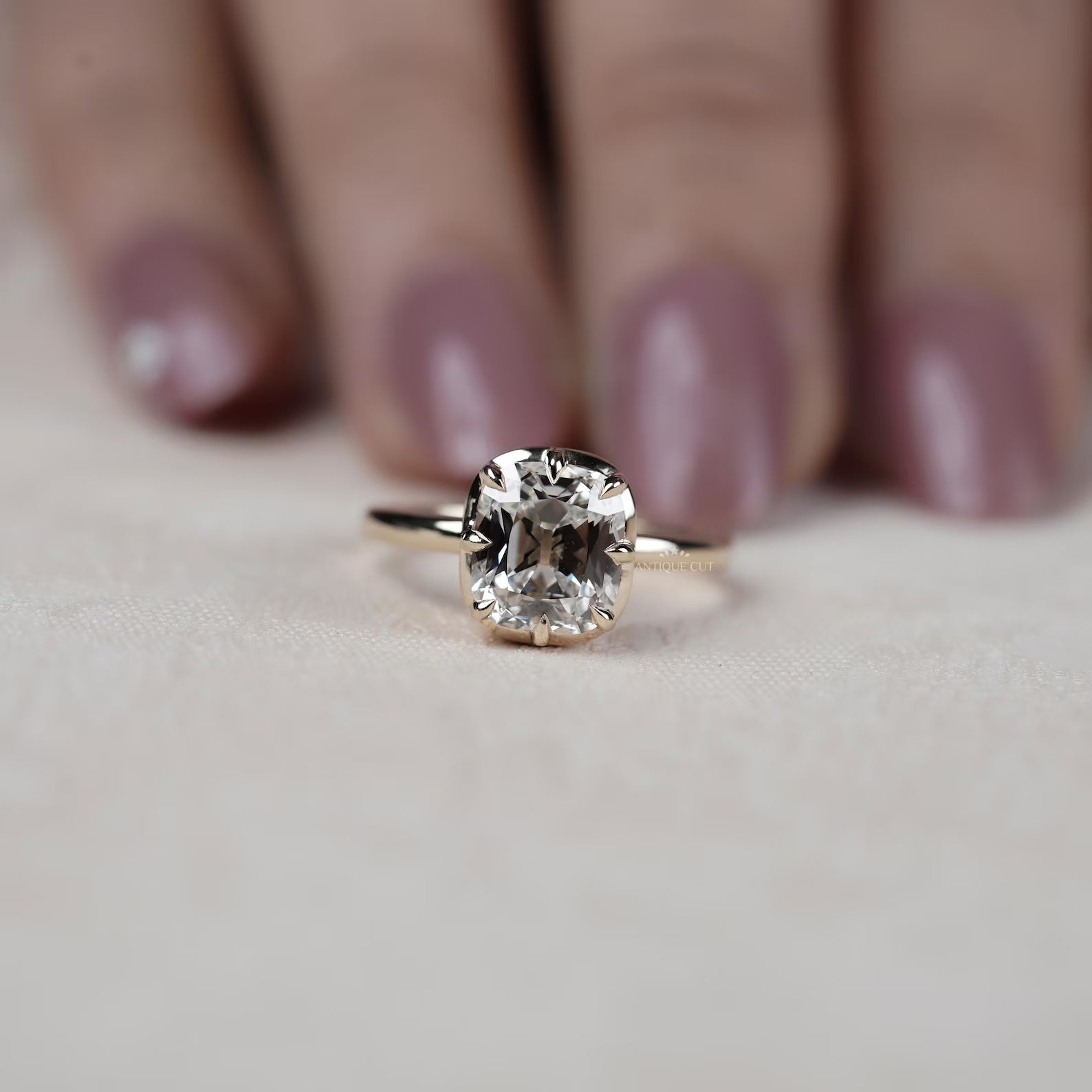 Old Mine Cushion Cut 5.30TCW Lab Grown Diamond Engagement Ring | Hidden Halo | Yellow Gold | IGI