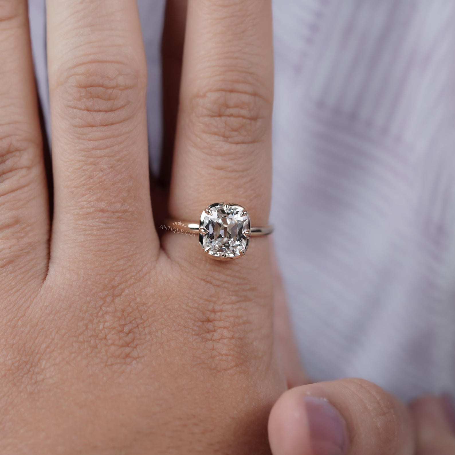 Old Mine Cushion Cut 5.30TCW Lab Grown Diamond Engagement Ring | Hidden Halo | Yellow Gold | IGI