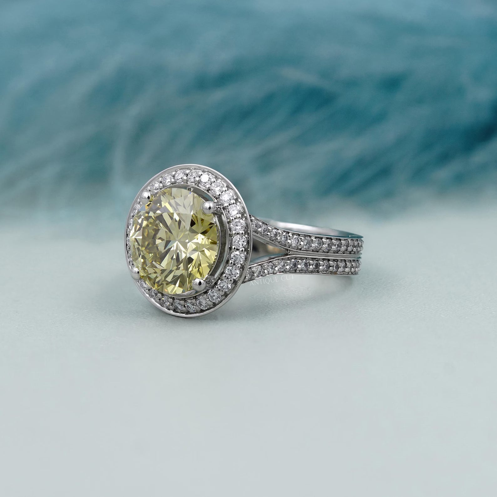 4.25TCW Fancy Yellow Round Cut Halo Diamond Engagement Ring | Split Shank | Lab Grown Diamond Ring IGI Certified D-E-F VVS-VS.