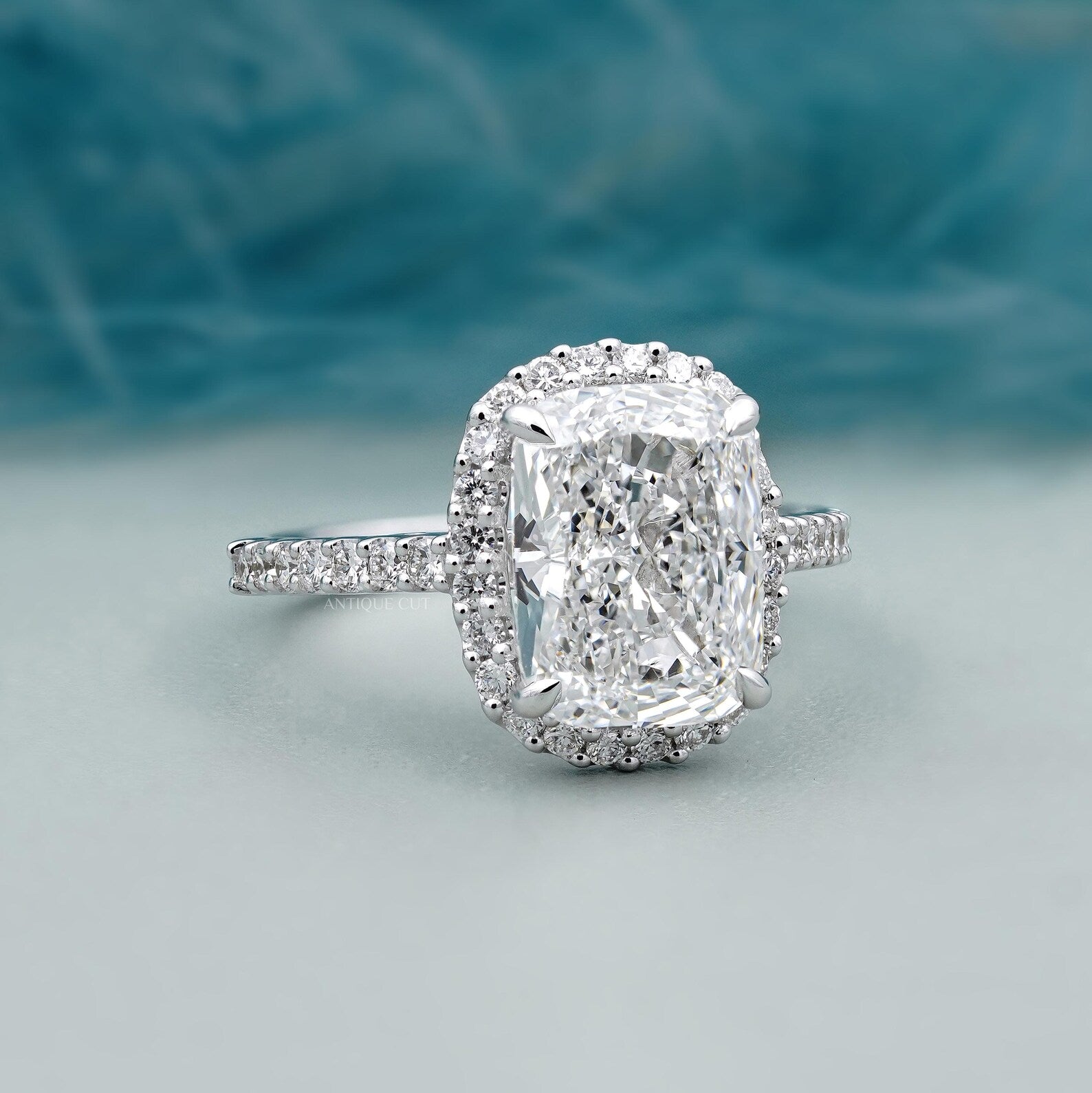 4.80 TCW Cushion Cut Diamond Halo Engagement Ring, Pave Side Stones, IGI Certified.
