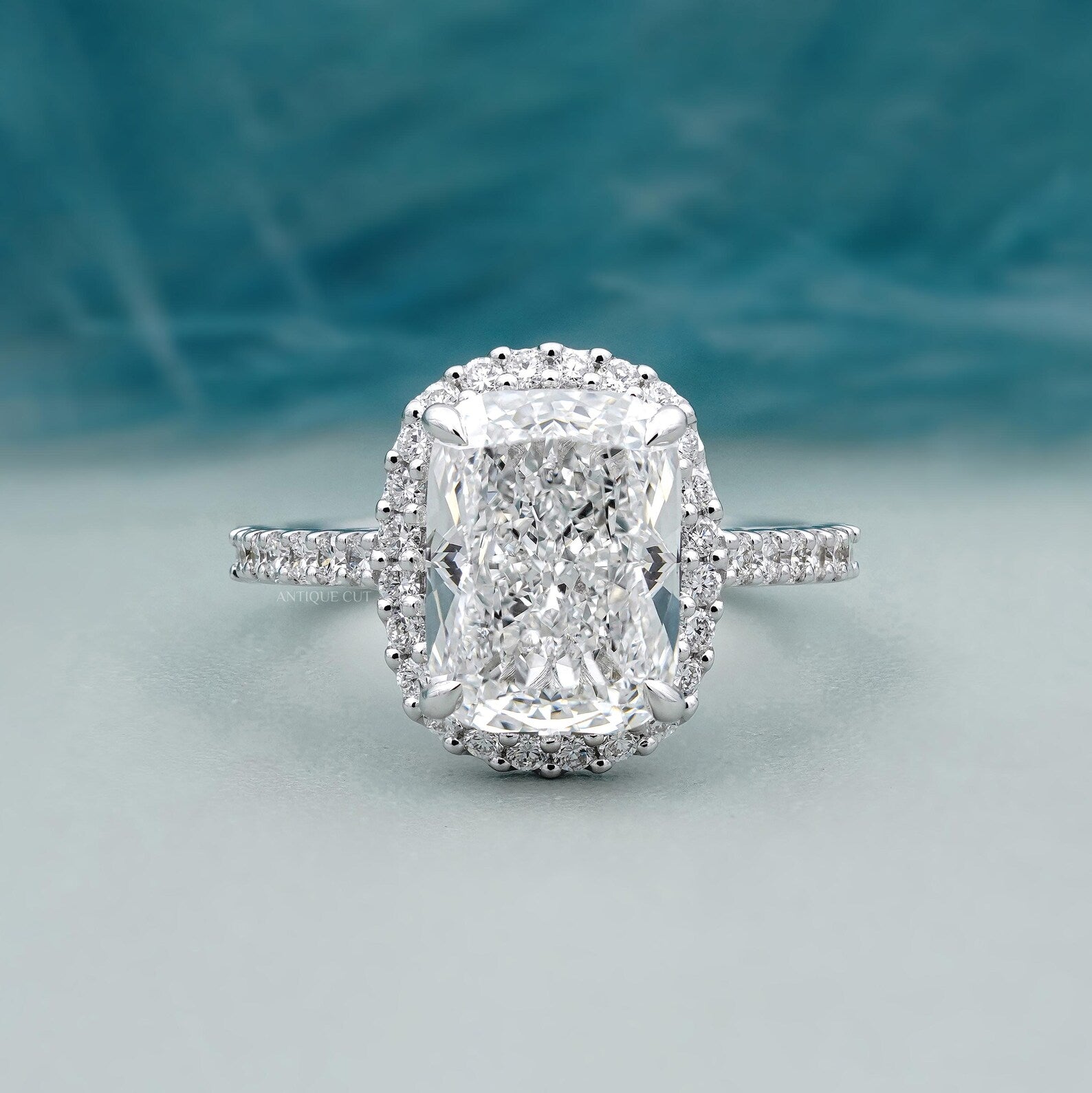 4.80 TCW Cushion Cut Diamond Halo Engagement Ring, Pave Side Stones, IGI Certified.