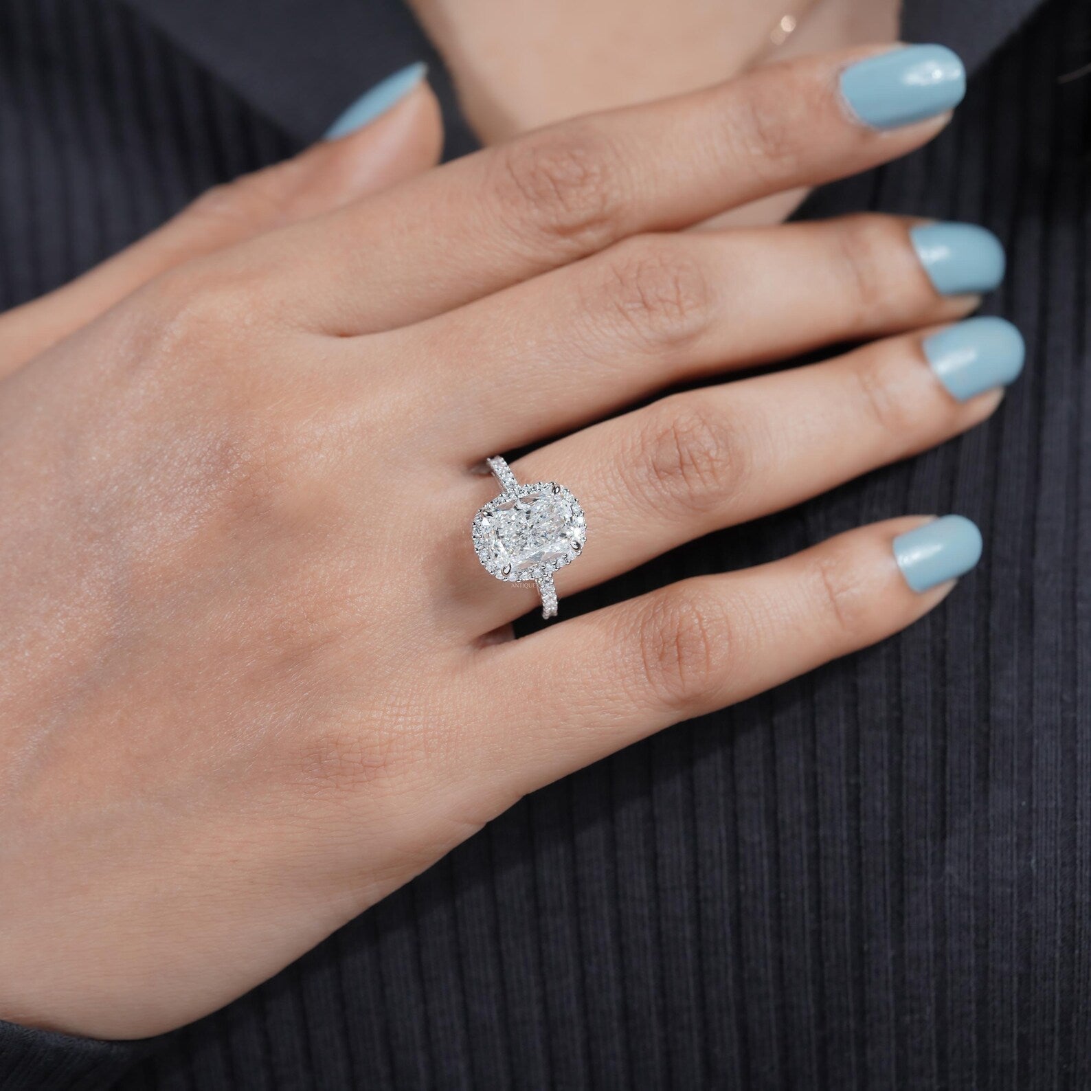 4.80 TCW Cushion Cut Diamond Halo Engagement Ring, Pave Side Stones, IGI Certified.