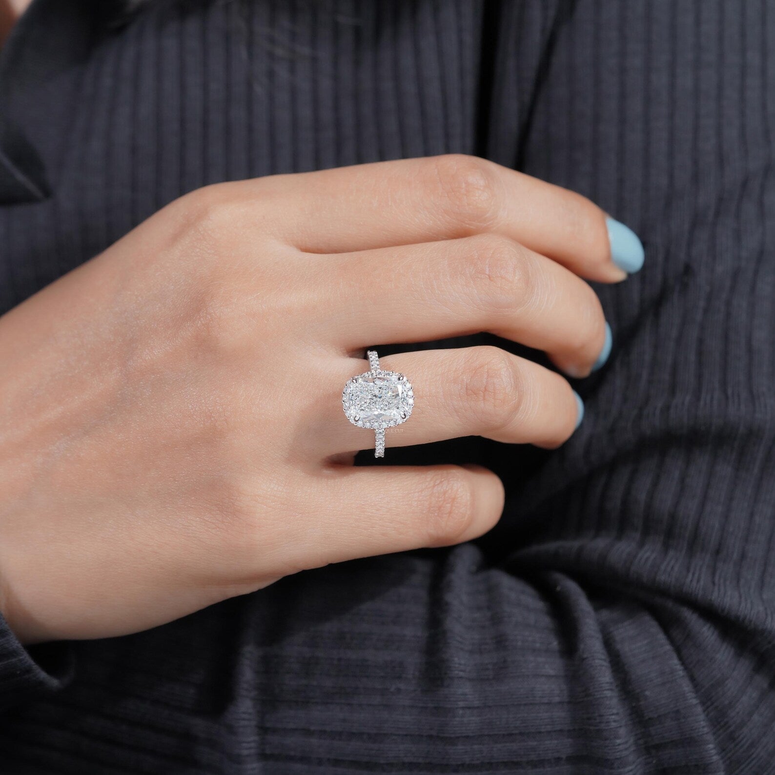 4.80 TCW Cushion Cut Diamond Halo Engagement Ring, Pave Side Stones, IGI Certified.