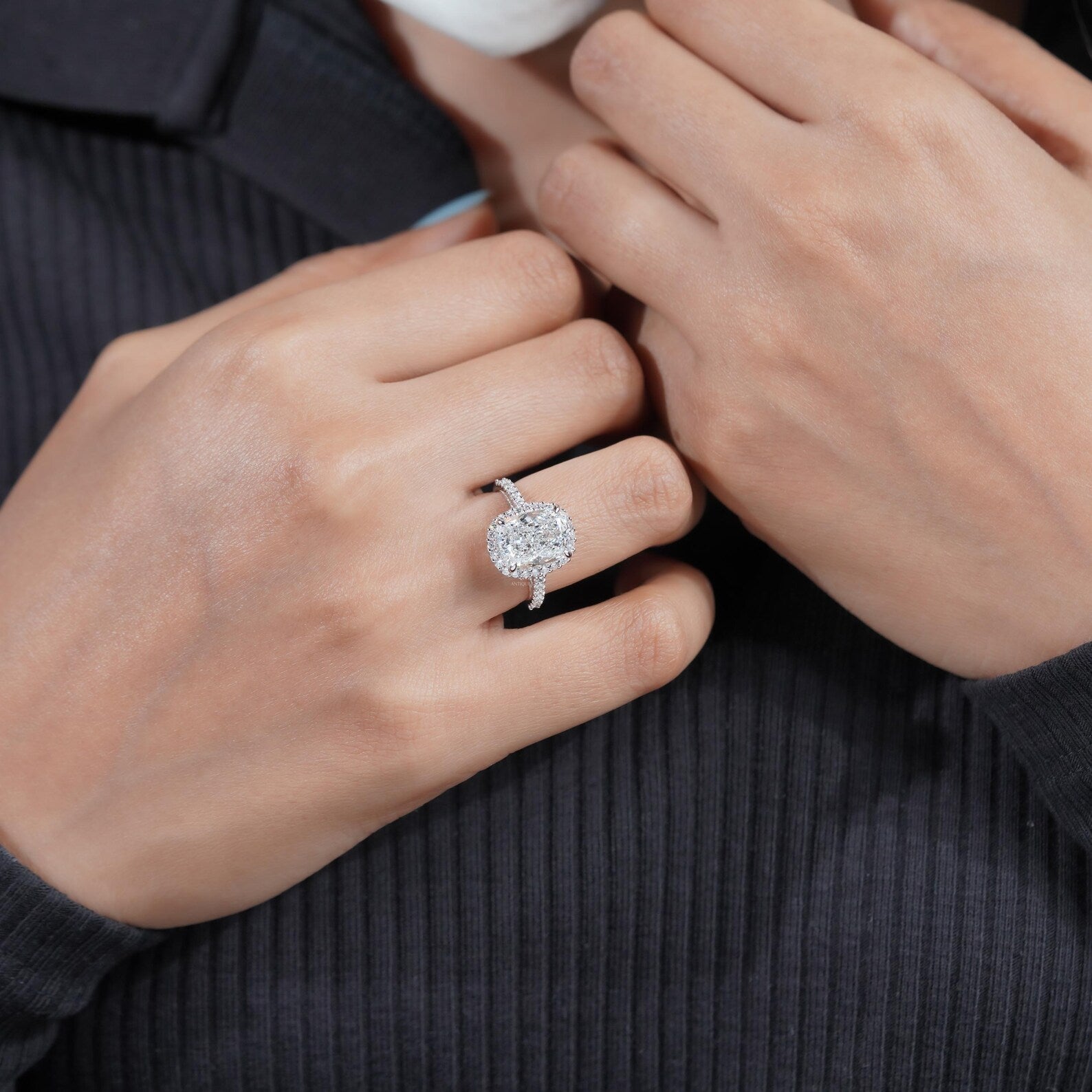 4.80 TCW Cushion Cut Diamond Halo Engagement Ring, Pave Side Stones, IGI Certified.