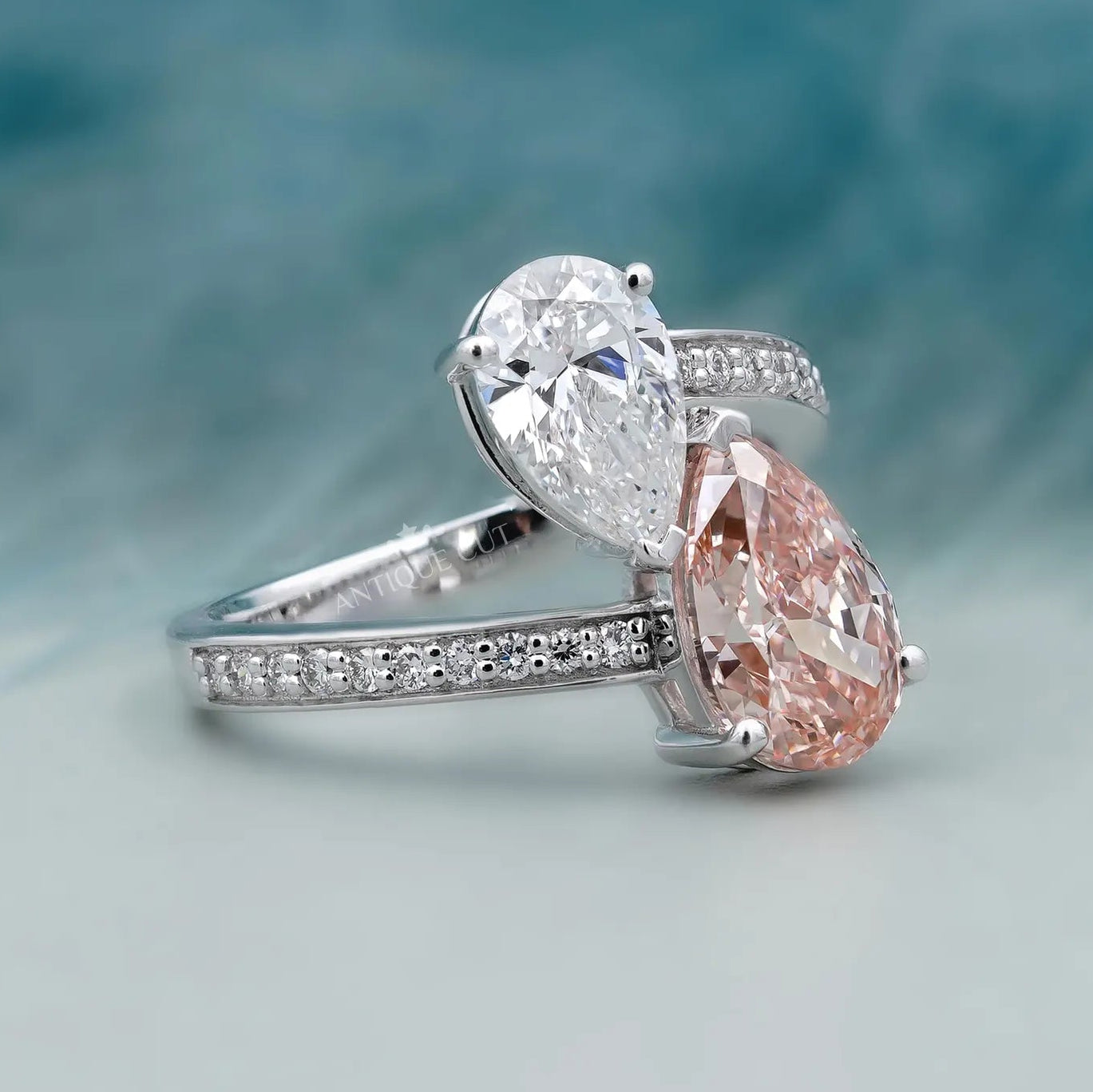 Double pear diamond engagement ring pave band white gold