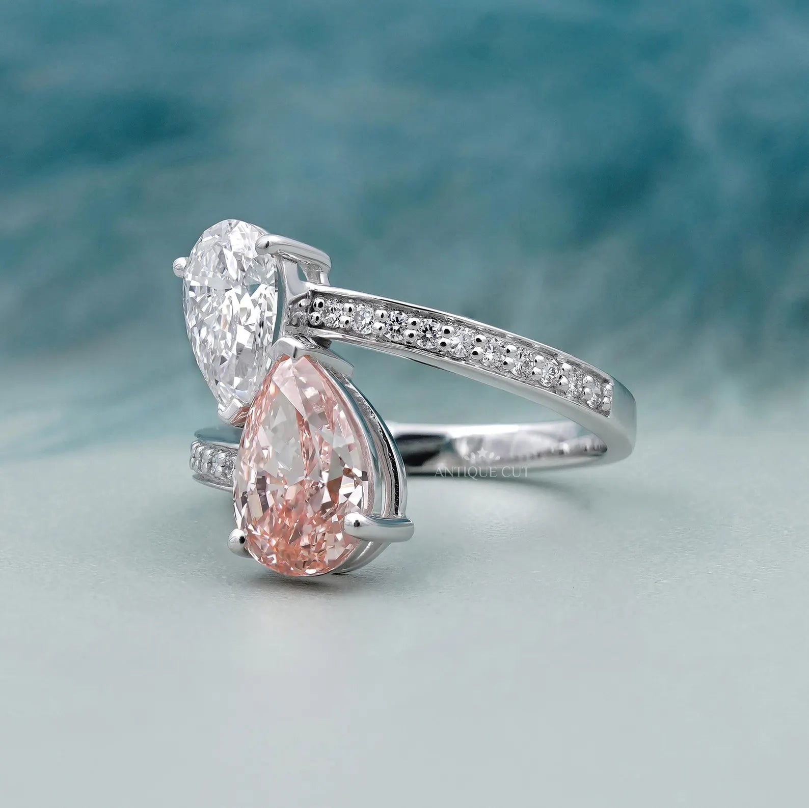 Pink And White Pear 3.80tcw Toi Et Moi Lab Diamond Ring | IGI Certified D-E-F VVS-VS