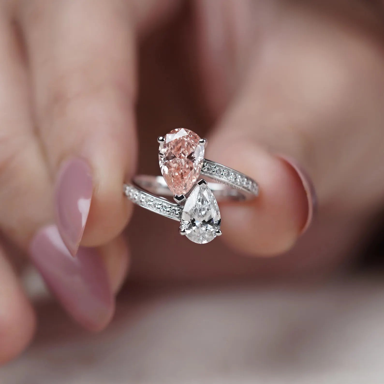 Pink And White Pear 3.80tcw Toi Et Moi Lab Diamond Ring | IGI Certified D-E-F VVS-VS