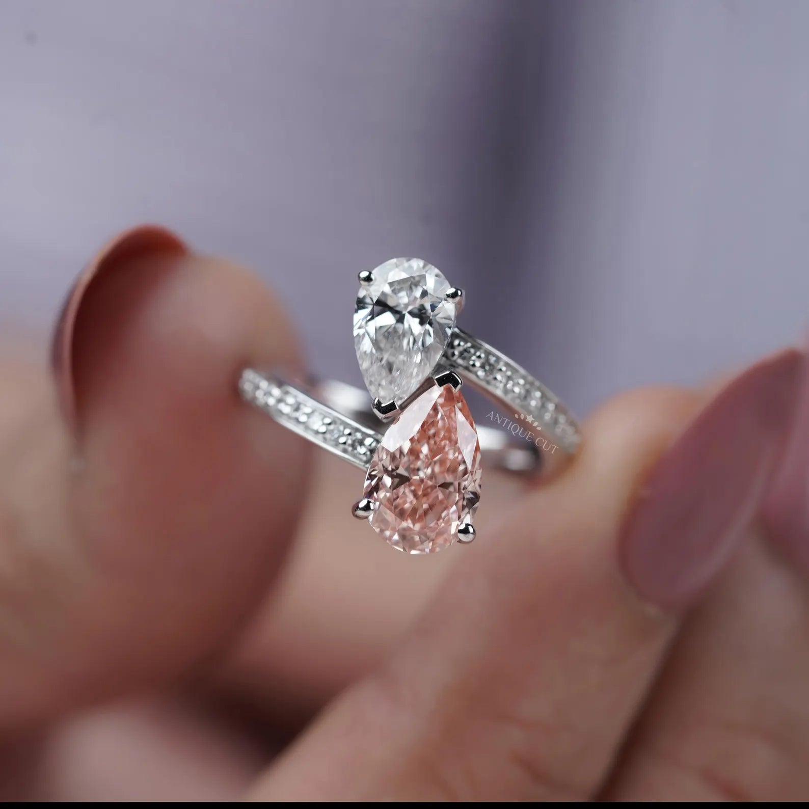 Pink And White Pear 3.80tcw Toi Et Moi Lab Diamond Ring | IGI Certified D-E-F VVS-VS