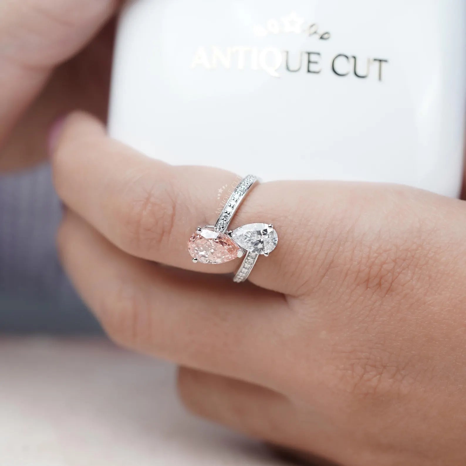 Pink And White Pear 3.80tcw Toi Et Moi Lab Diamond Ring | IGI Certified D-E-F VVS-VS