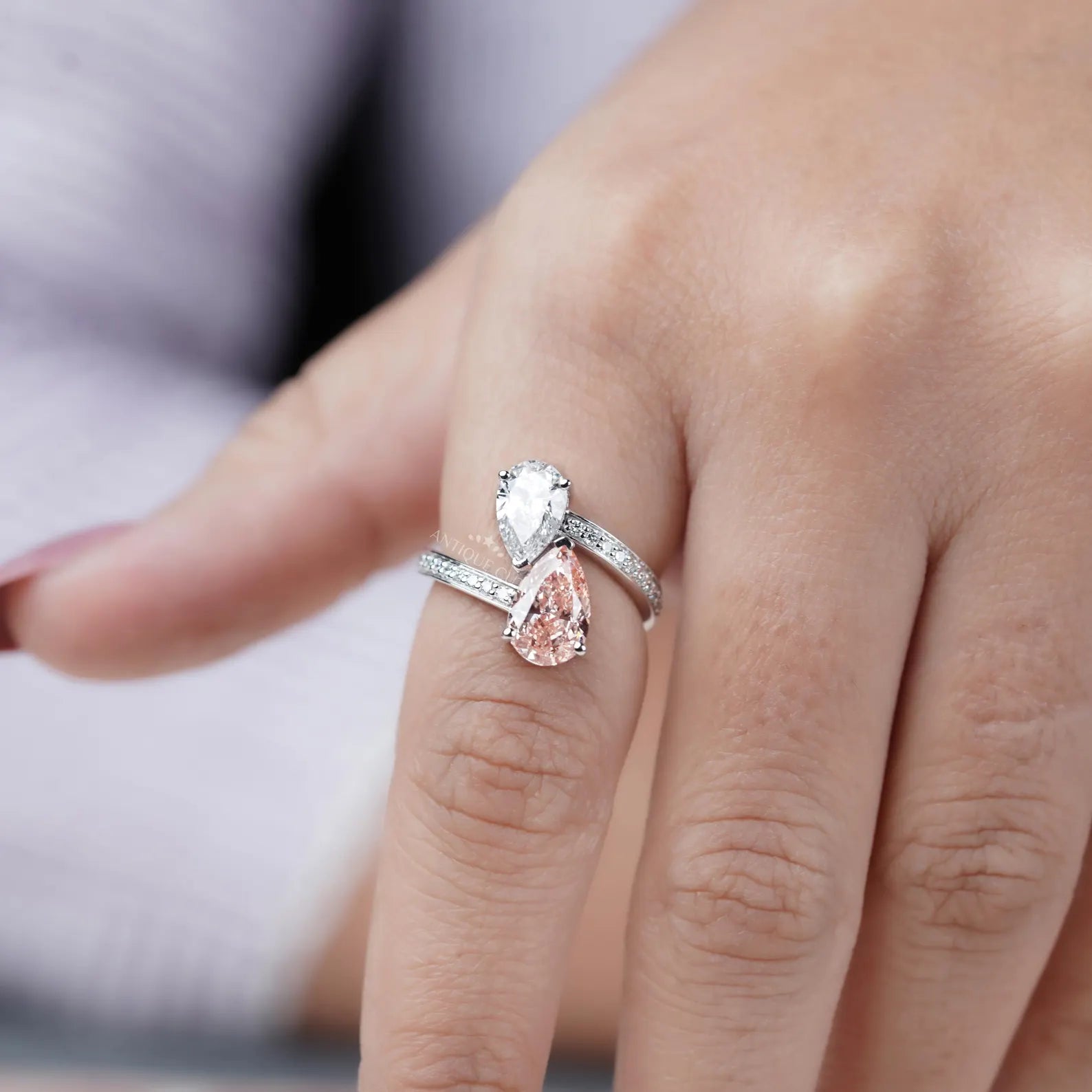 Pink And White Pear 3.80tcw Toi Et Moi Lab Diamond Ring | IGI Certified D-E-F VVS-VS