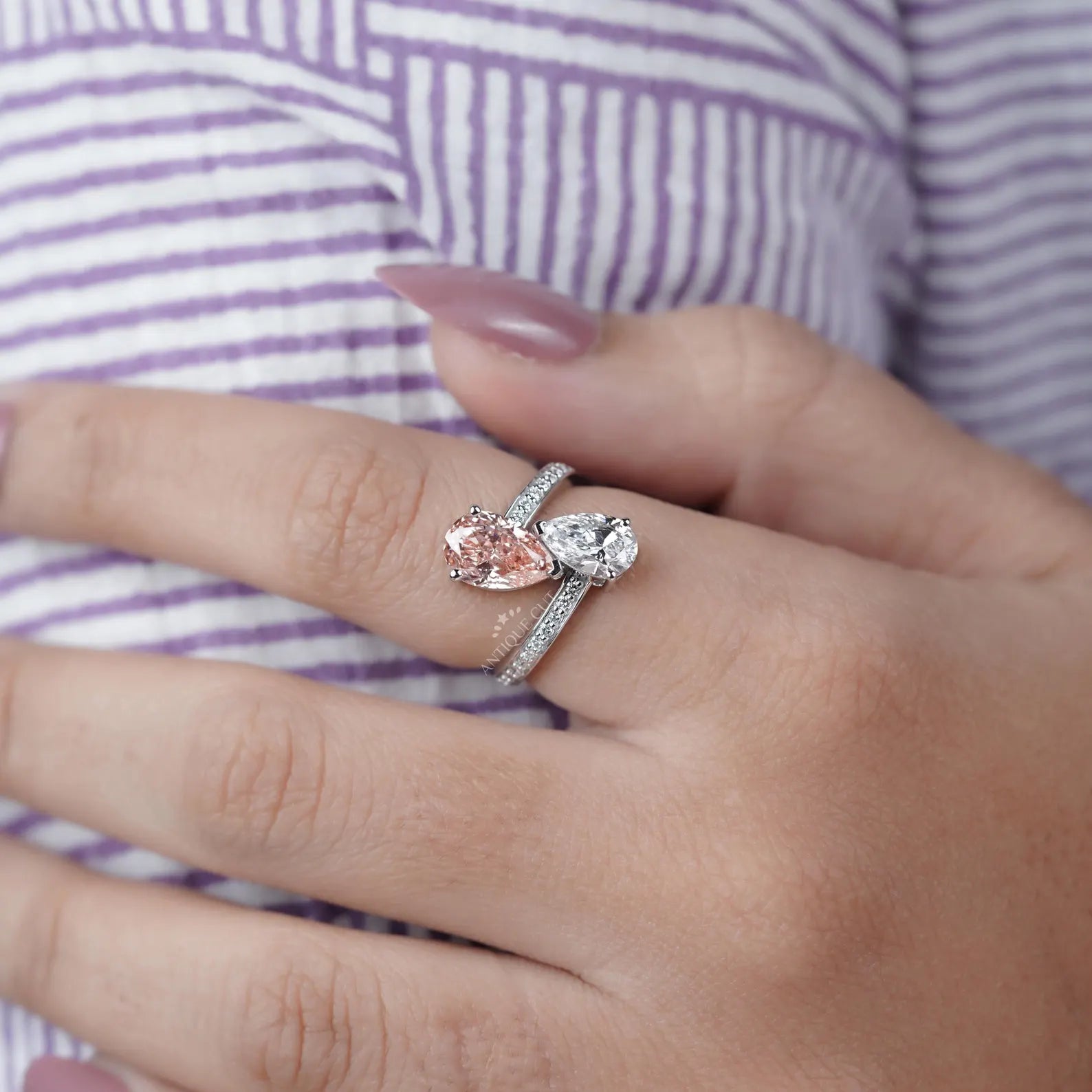 Pink And White Pear 3.80tcw Toi Et Moi Lab Diamond Ring | IGI Certified D-E-F VVS-VS