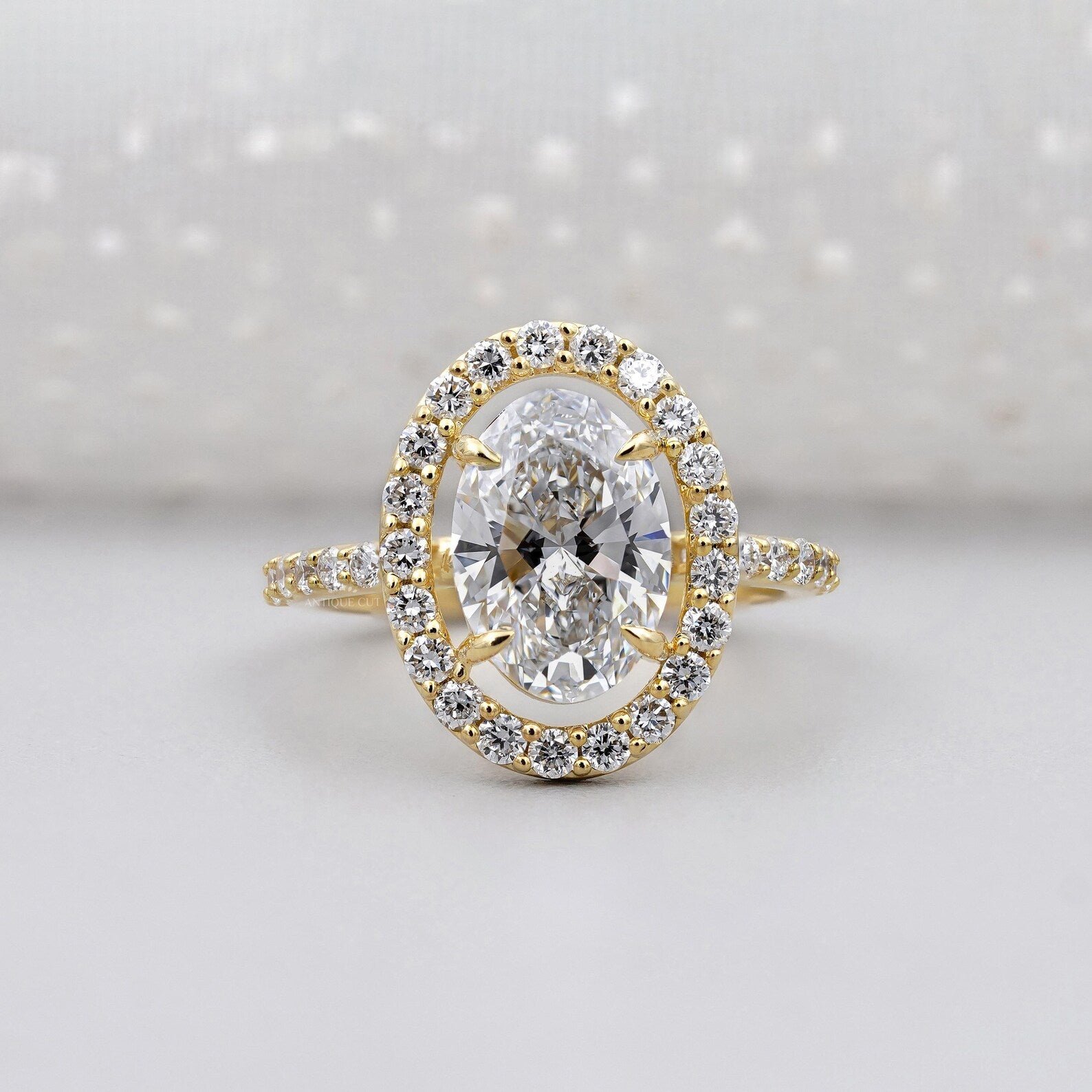 3.20TCW Oval Cut Lab Grown Diamond, 0.70ct Round Halo Engagement Ring, Pave Band, Yellow Gold Ring, IGI Certified D-E-F VVS-VS.