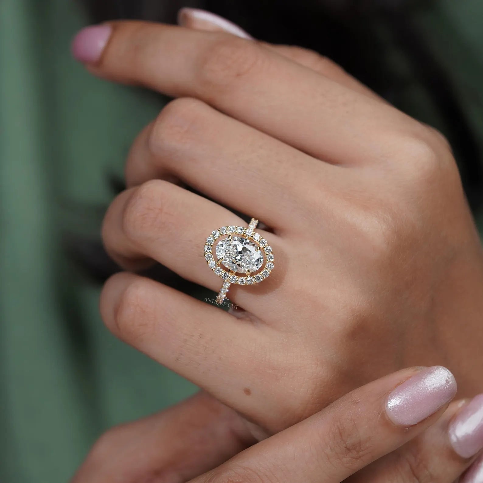 3.20TCW Oval Cut Lab Grown Diamond, 0.70ct Round Halo Engagement Ring, Pave Band, Yellow Gold Ring, IGI Certified D-E-F VVS-VS.