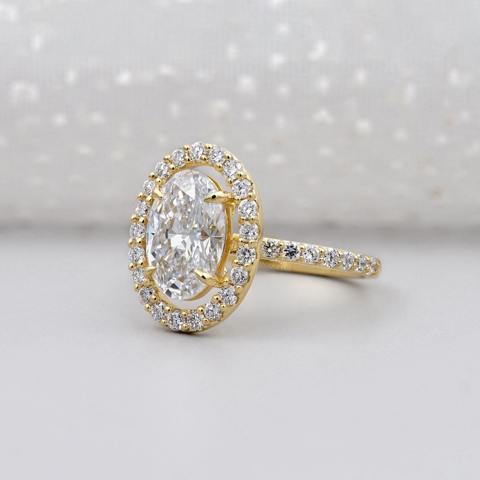 3.20TCW Oval Cut Lab Grown Diamond, 0.70ct Round Halo Engagement Ring, Pave Band, Yellow Gold Ring, IGI Certified D-E-F VVS-VS.