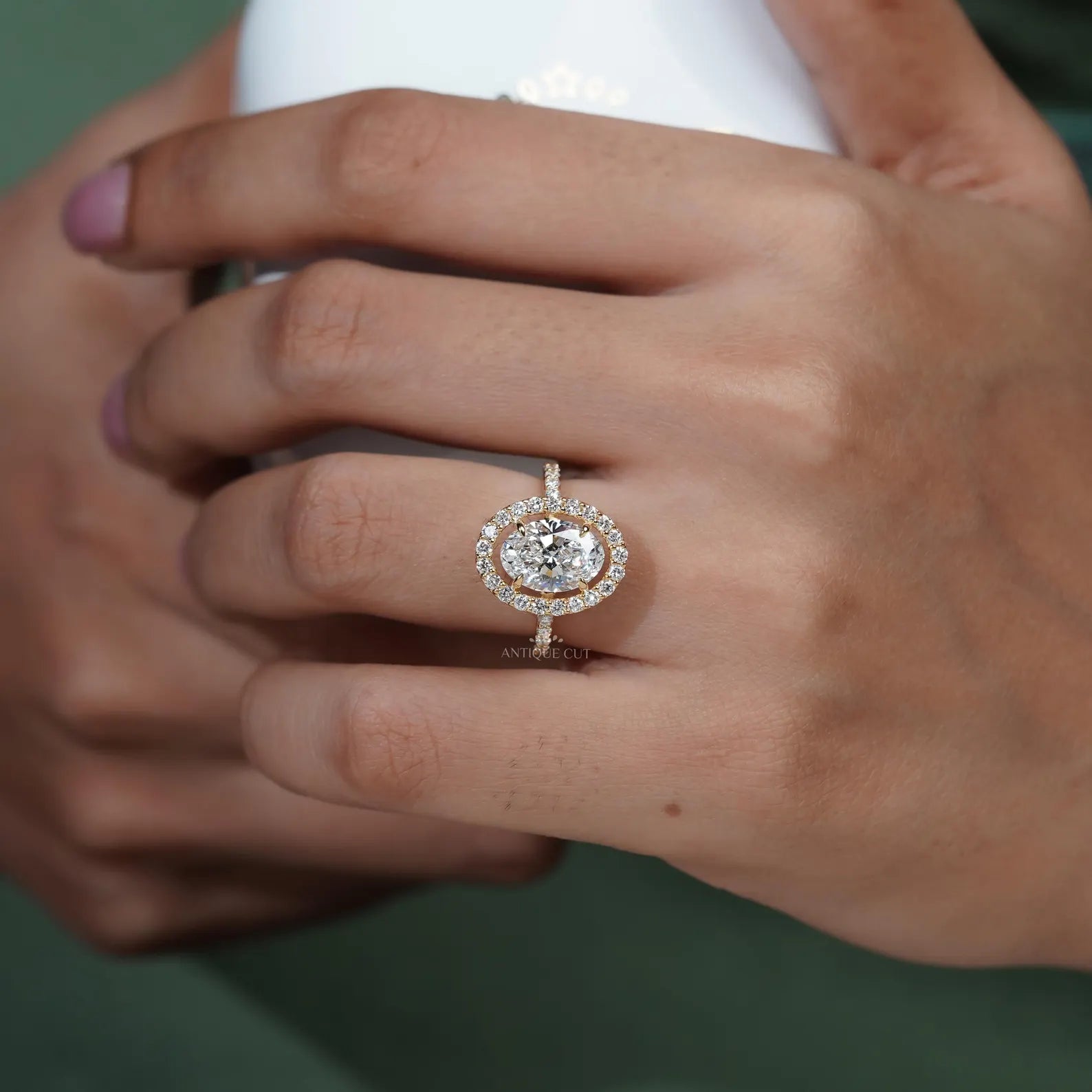 3.20TCW Oval Cut Lab Grown Diamond, 0.70ct Round Halo Engagement Ring, Pave Band, Yellow Gold Ring, IGI Certified D-E-F VVS-VS.