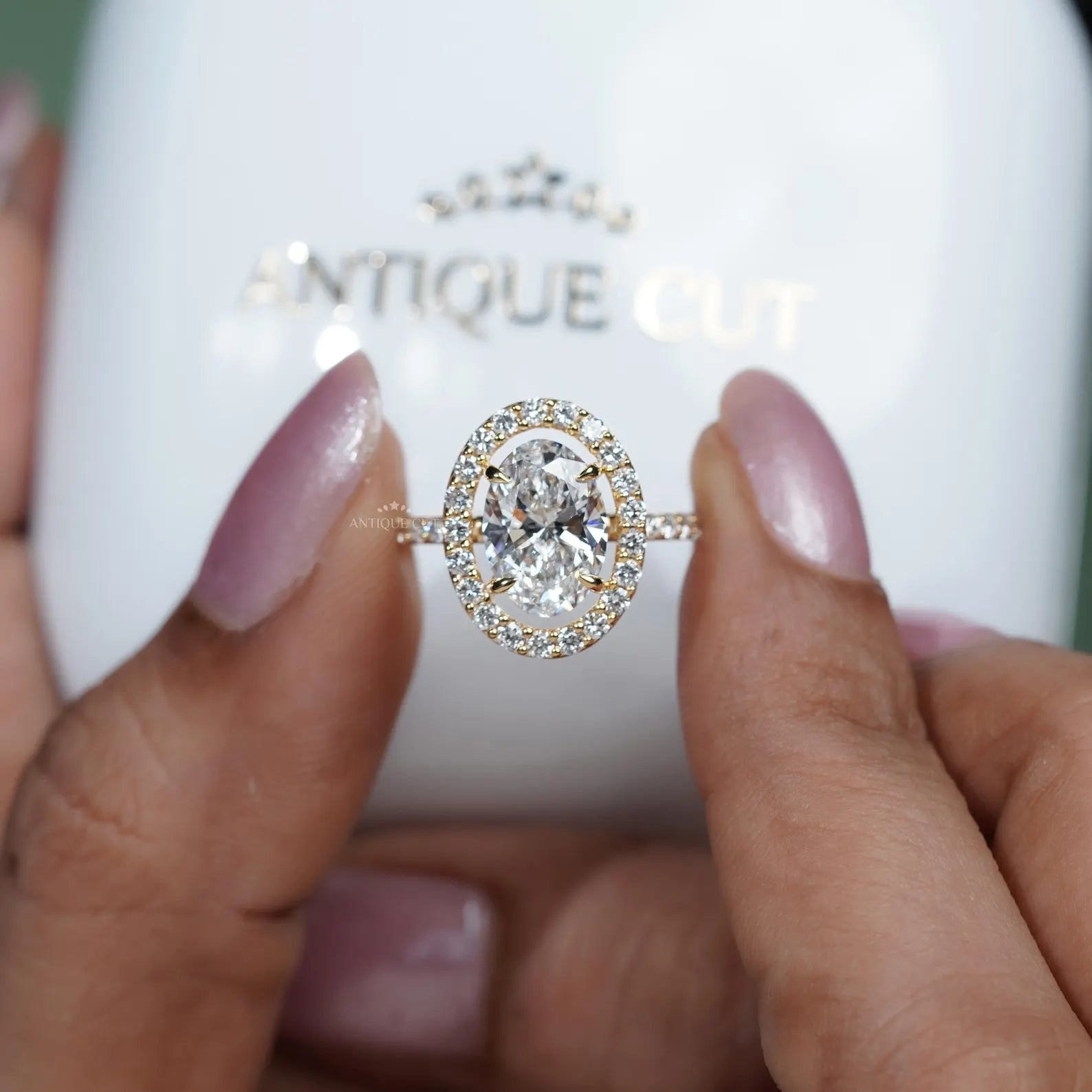 3.20TCW Oval Cut Lab Grown Diamond, 0.70ct Round Halo Engagement Ring, Pave Band, Yellow Gold Ring, IGI Certified D-E-F VVS-VS.