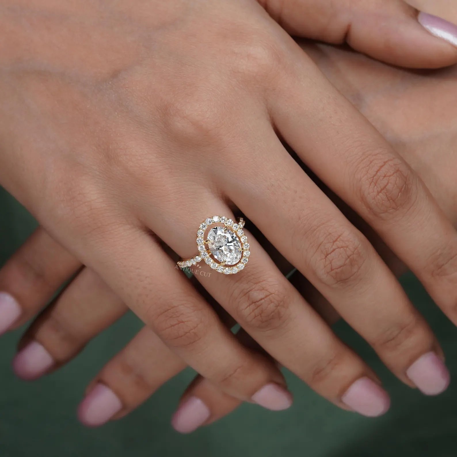 3.20TCW Oval Cut Lab Grown Diamond, 0.70ct Round Halo Engagement Ring, Pave Band, Yellow Gold Ring, IGI Certified D-E-F VVS-VS.