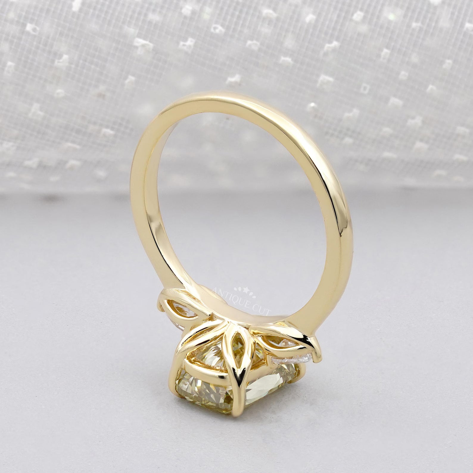 Fancy Yellow Cushion Diamond Ring With Three Stone Engagement Ring | IGI Certified