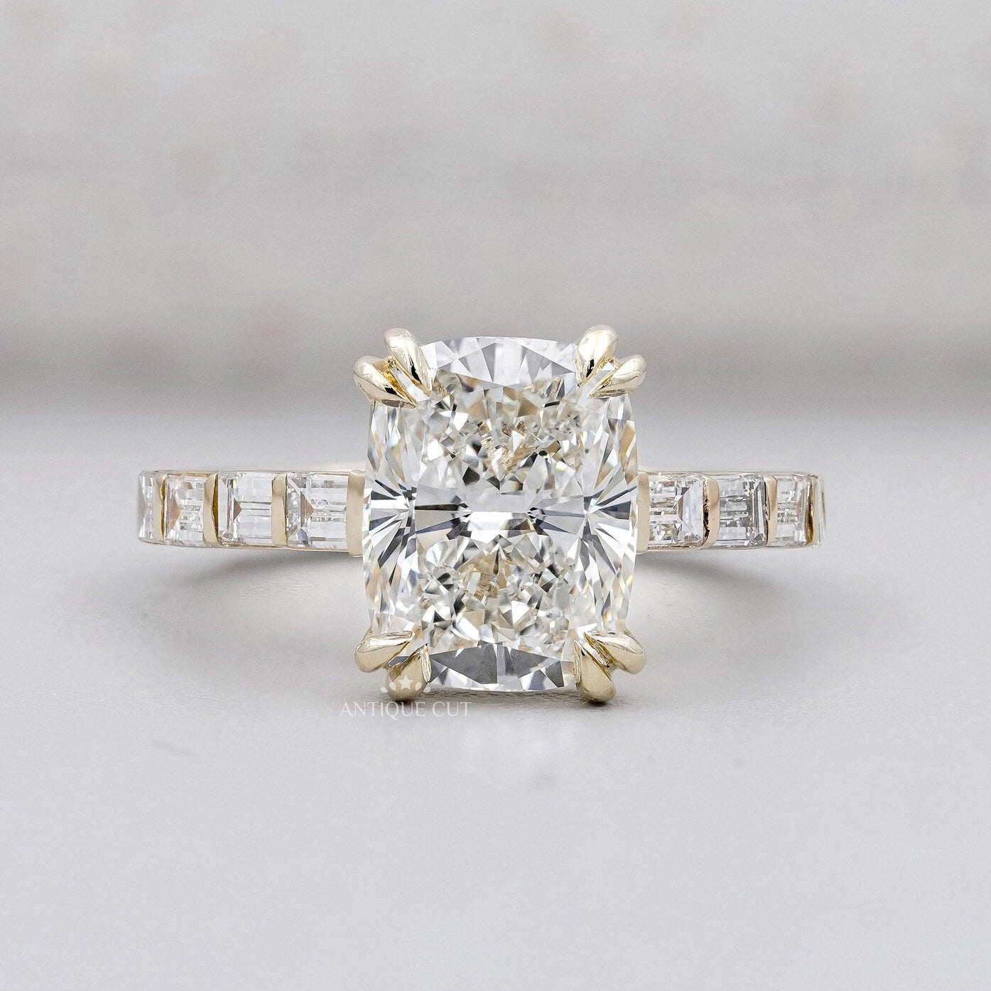 Cushion Cut Engagement Ring with Pave Diamond Band in Yellow Gold