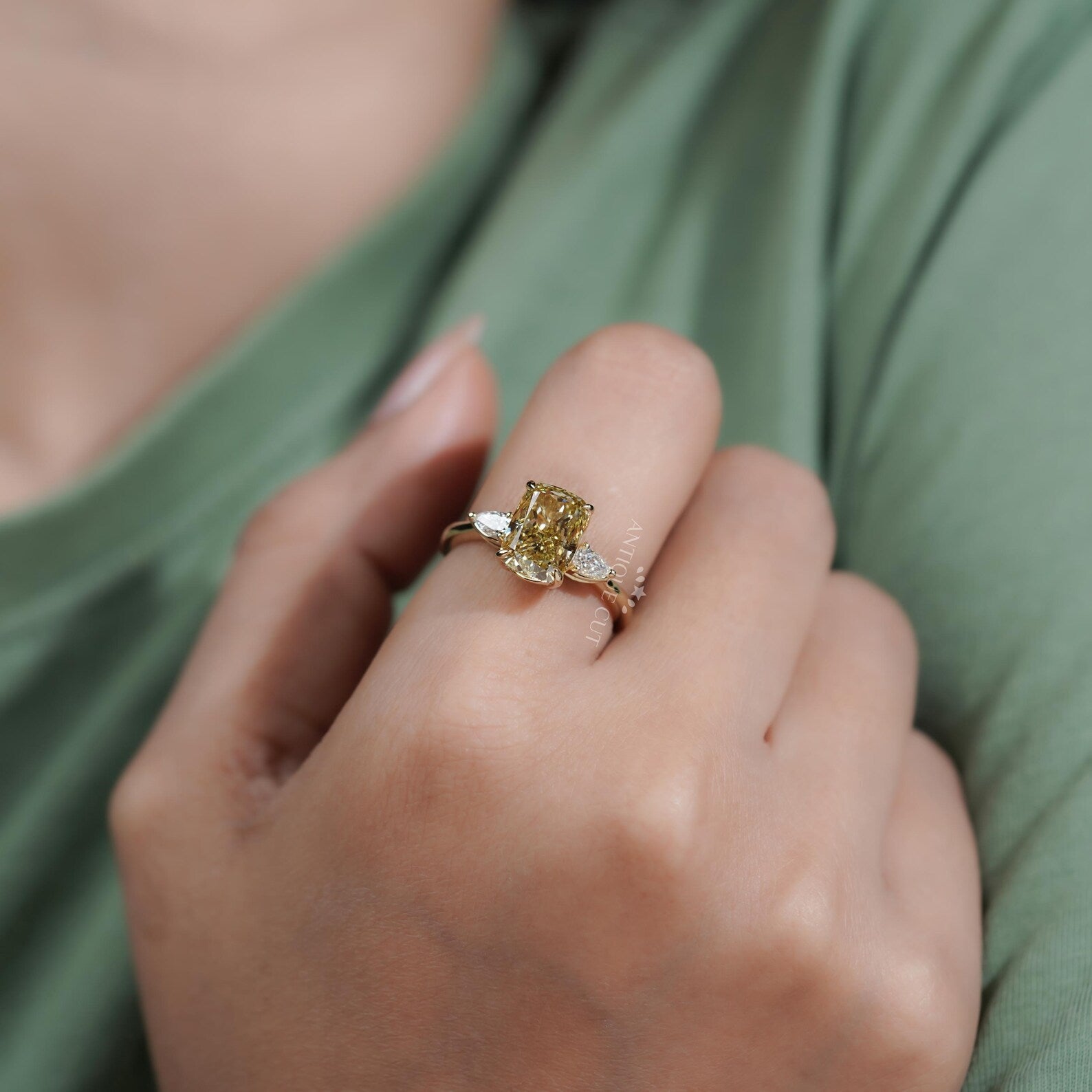 Fancy Yellow Cushion Diamond Ring With Three Stone Engagement Ring | IGI Certified
