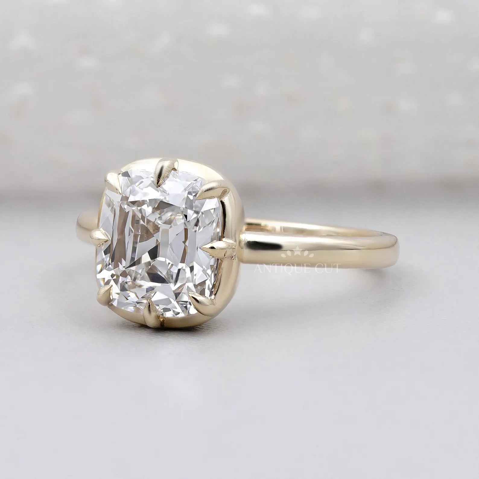 Old Mine Cushion Cut 5.30TCW Lab Grown Diamond Engagement Ring | Hidden Halo | Yellow Gold | IGI