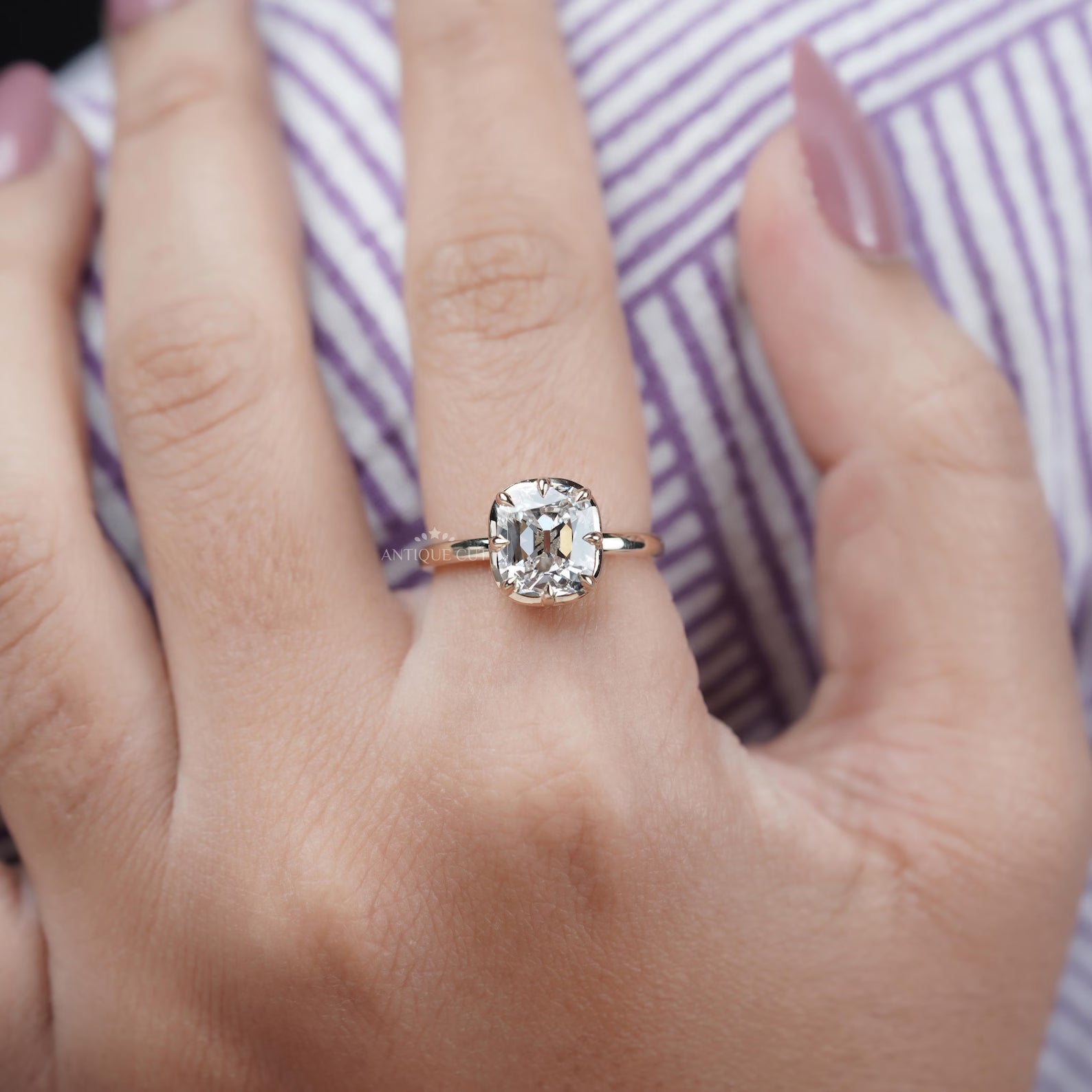 Old Mine Cushion Cut 5.30TCW Lab Grown Diamond Engagement Ring | Hidden Halo | Yellow Gold | IGI