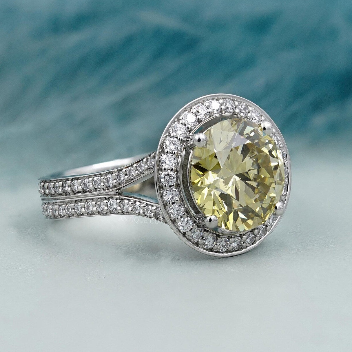 Lab grown yellow round diamond ring halo white gold