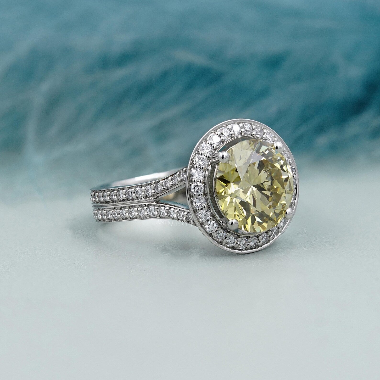 4.25TCW Fancy Yellow Round Cut Halo Diamond Engagement Ring | Split Shank | Lab Grown Diamond Ring IGI Certified D-E-F VVS-VS.