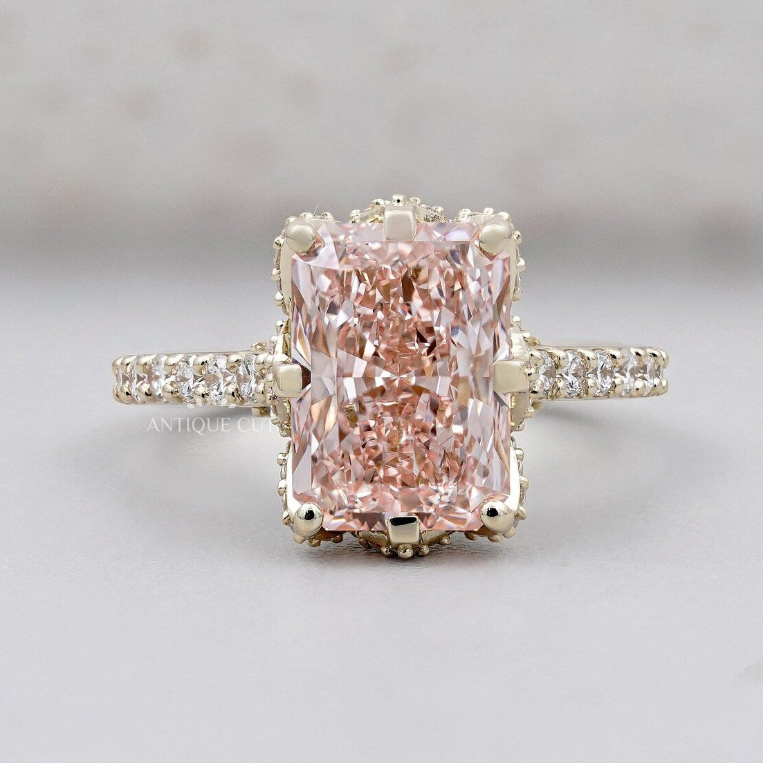 Radiant Pink Diamond Hidden Halo Engagement Ring With Pave Band | IGI Certified