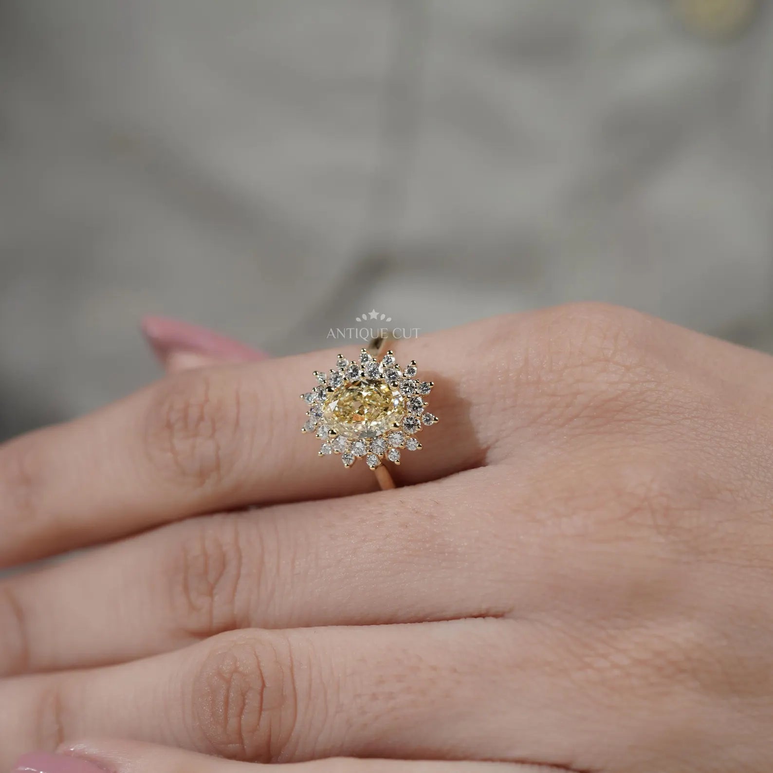 2.70tcw Oval Fancy Yellow Diamond Halo Engagement Ring | Yellow Gold Vintage Floral Ring