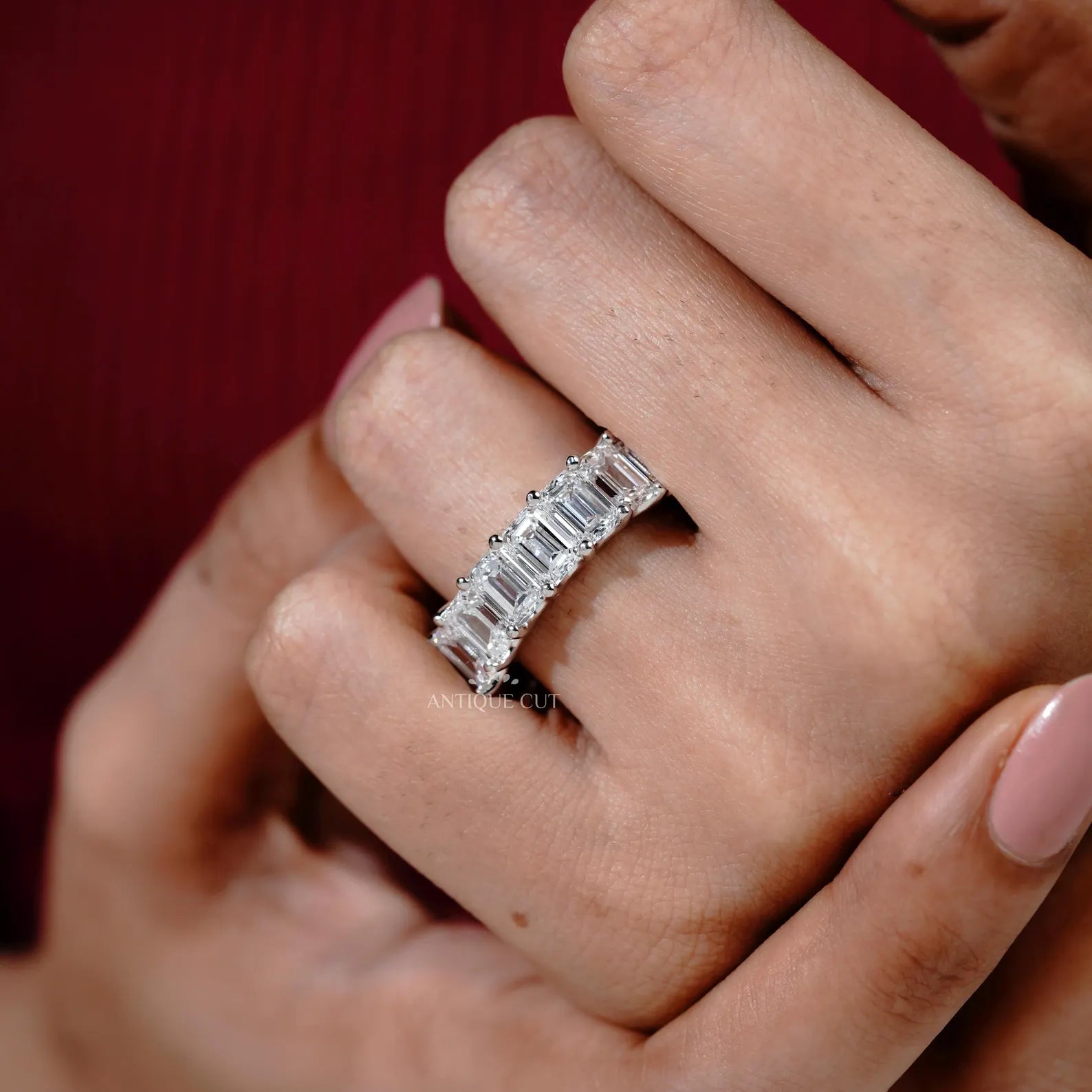 East West Engagement Ring | Lab Grown Emerald Bezel Set Diamond in White Gold