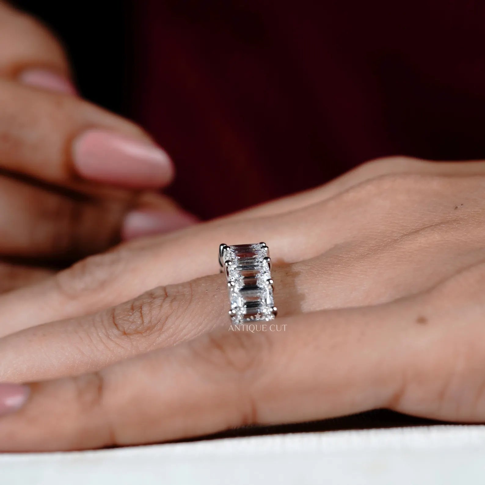East West Engagement Ring | Lab Grown Emerald Bezel Set Diamond in White Gold