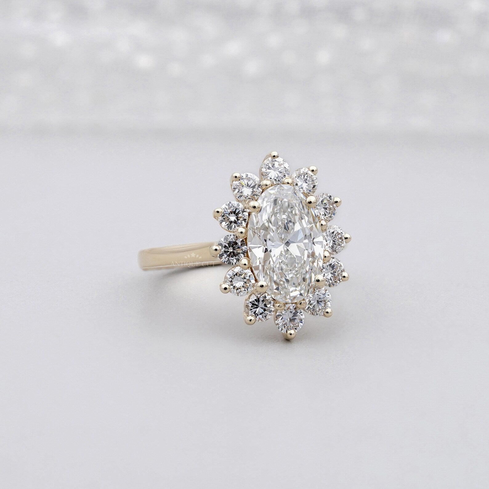 Oval Cluster Halo Engagement Ring With diamond vintage floral In Yellow Gold, IGI Certified - Lab Grown Diamond
