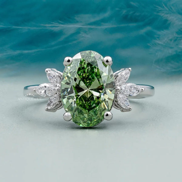 Oval Green Diamond Ring With Side Stone | White Gold |Lab Created Diamond