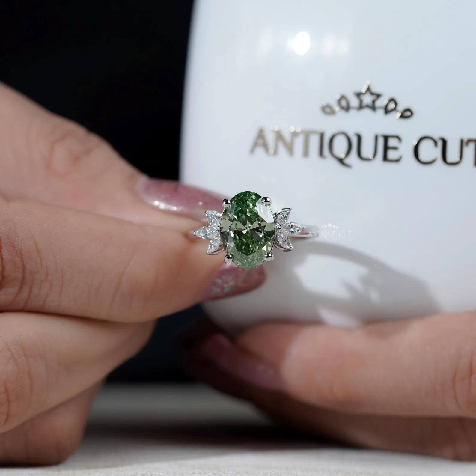 Oval Cut Antique Green Diamond Ring With Marquise Side Stones