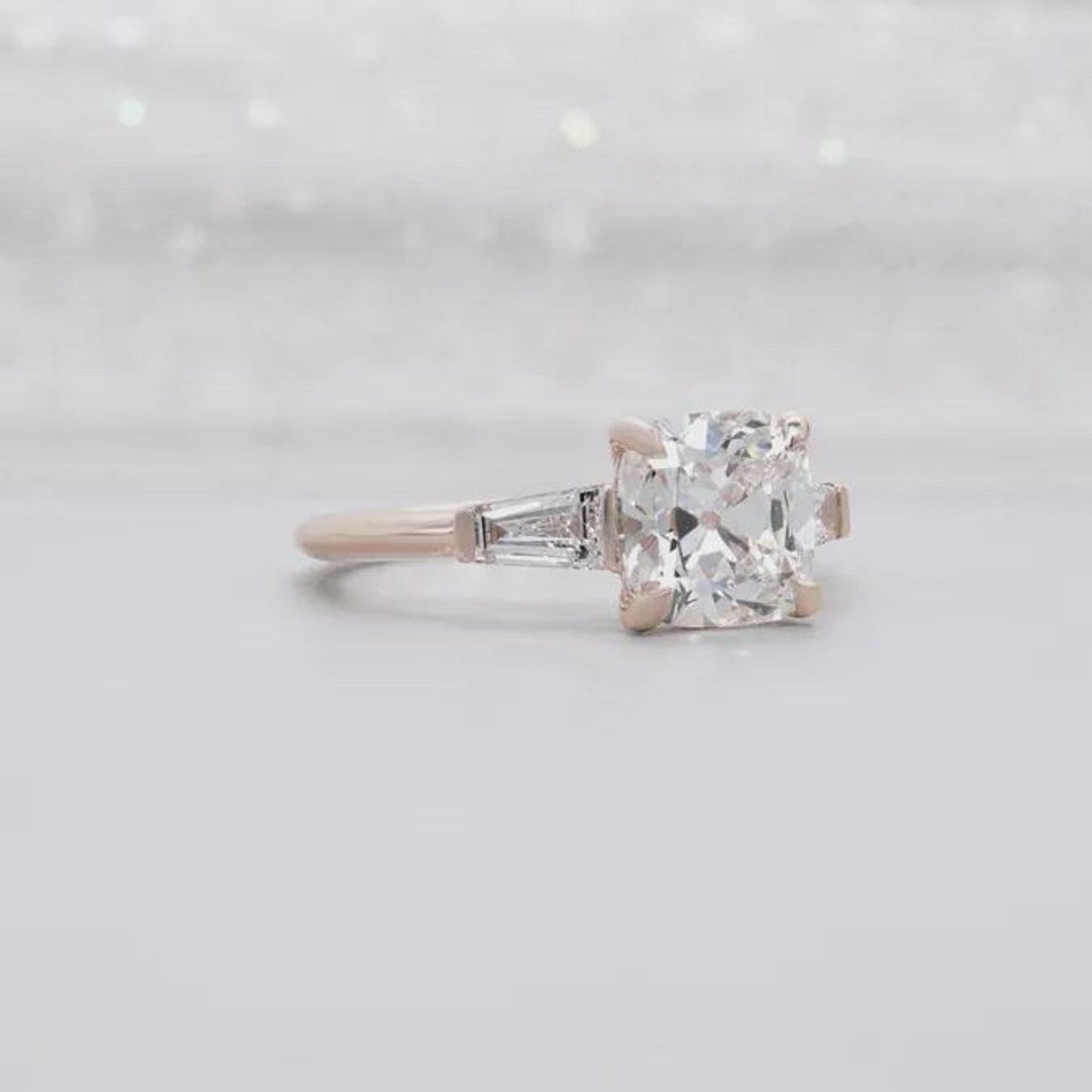 Old Mine Cushion Cut Engagement Ring With Three Stones | Yellow & Rose Gold  | IGI Certified