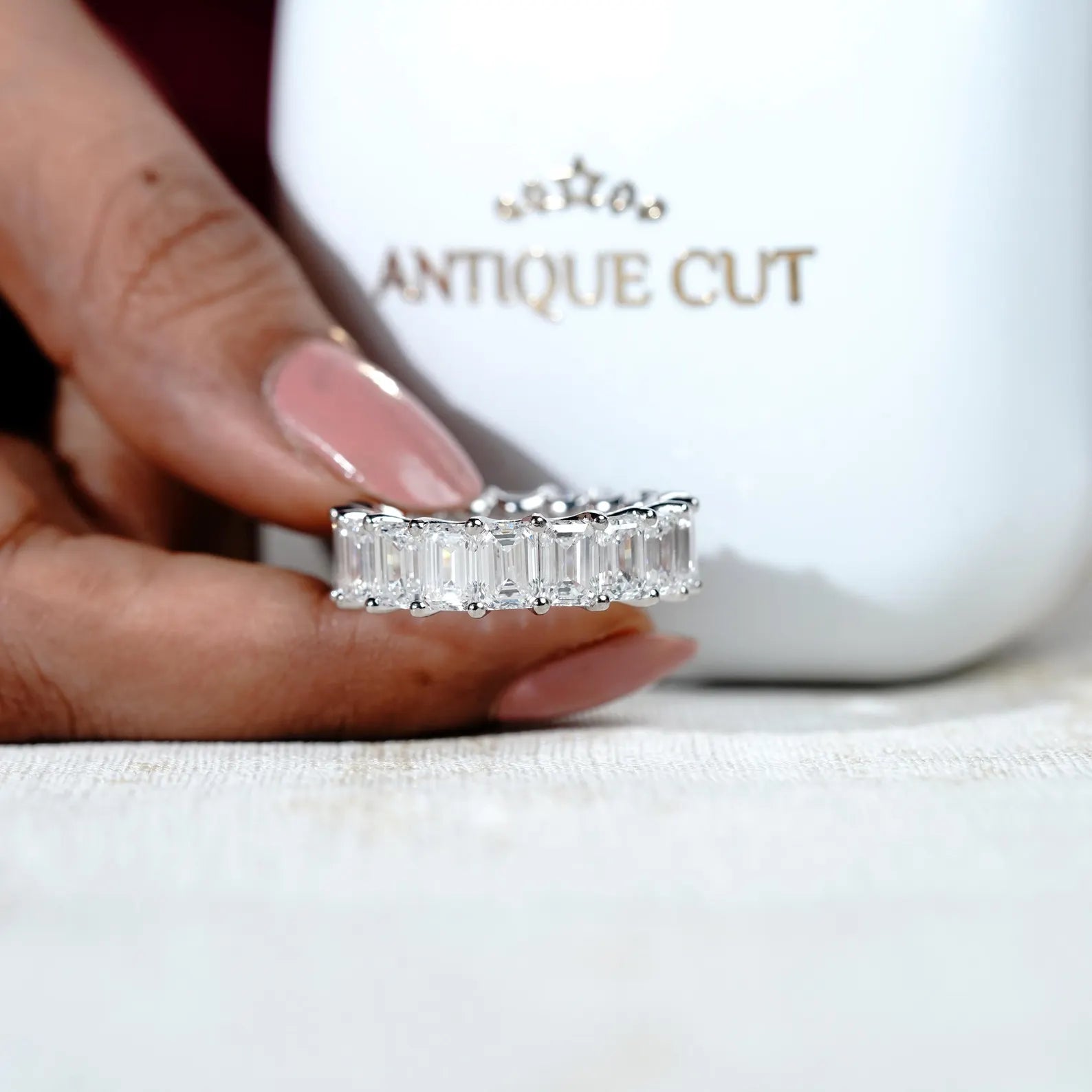 East West Engagement Ring | Lab Grown Emerald Bezel Set Diamond in White Gold